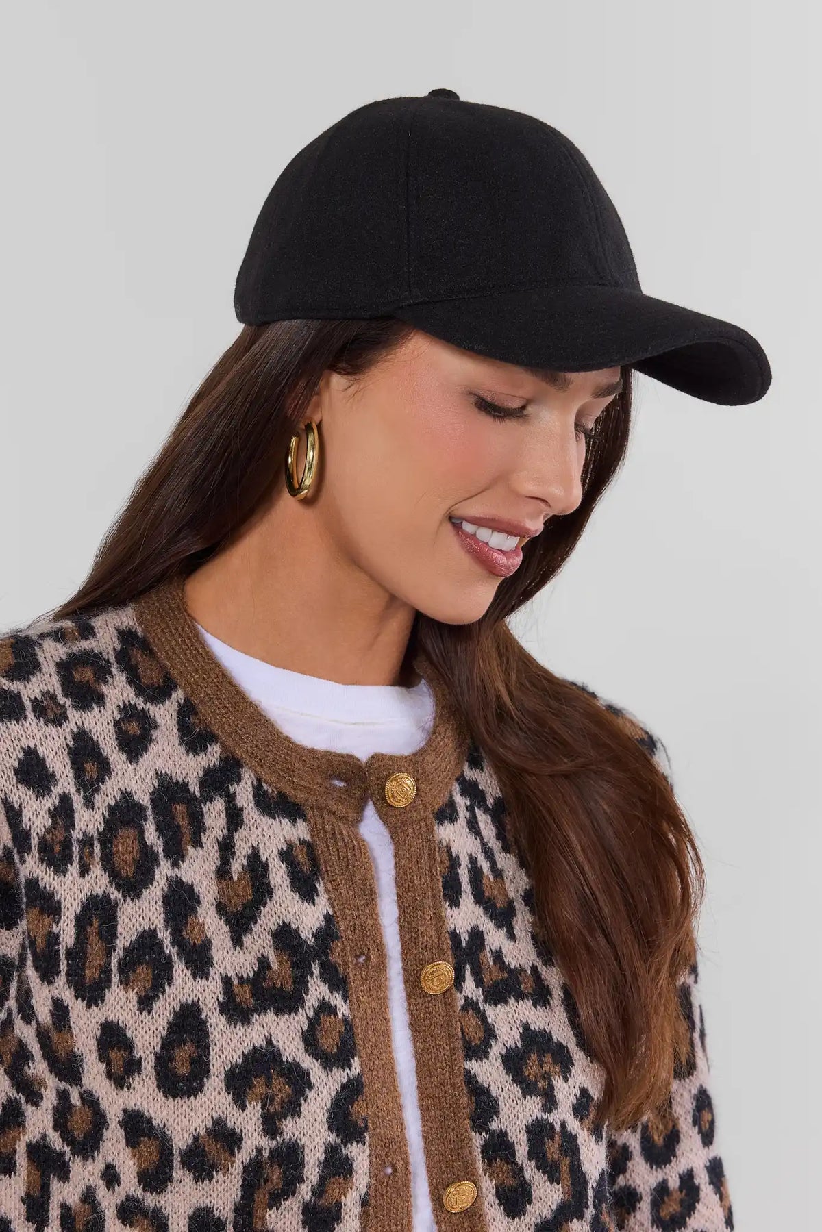 Black Faux Wool Baseball Cap - On Model Styled with Leopard Cardigan | Avara