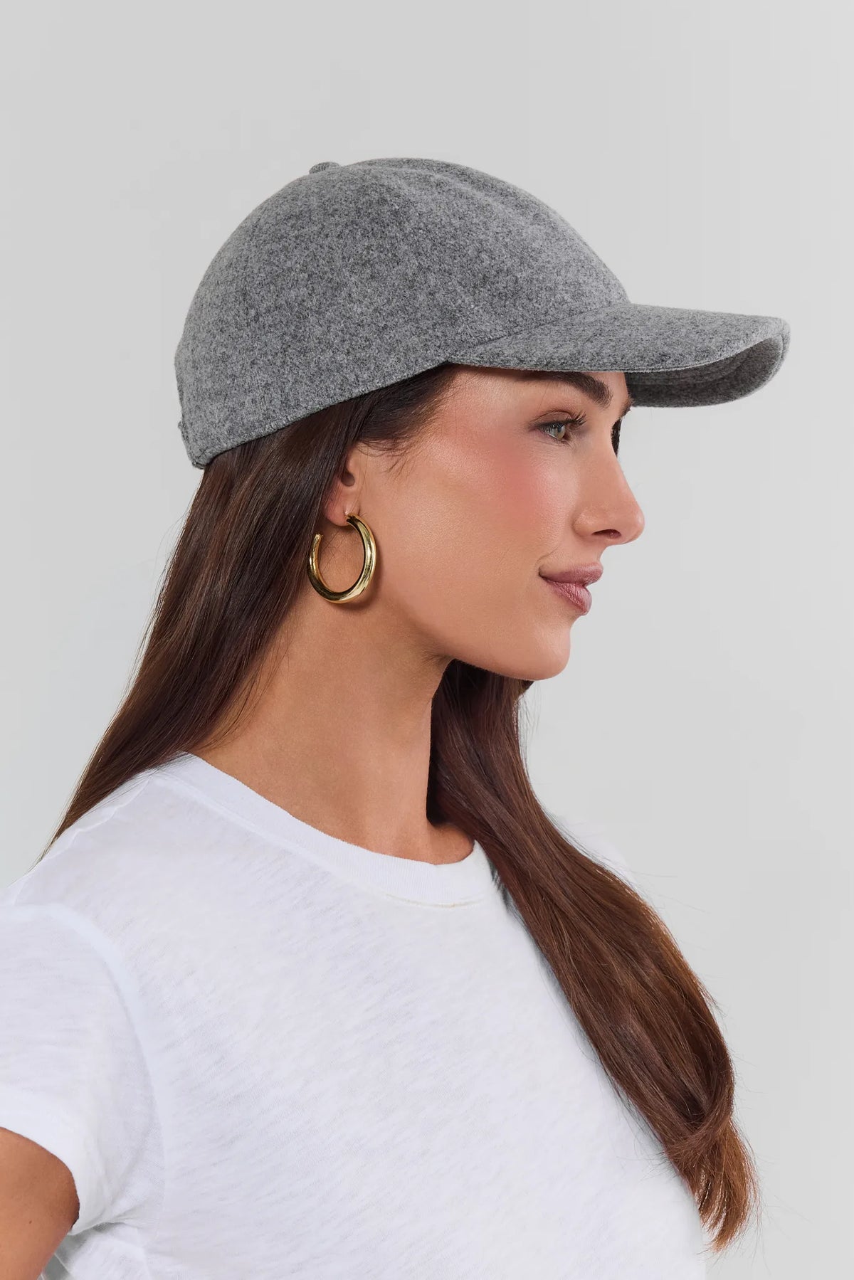 Gray Faux Wool Baseball Cap - On Model Side Profile, Styled with White Tee | Avara