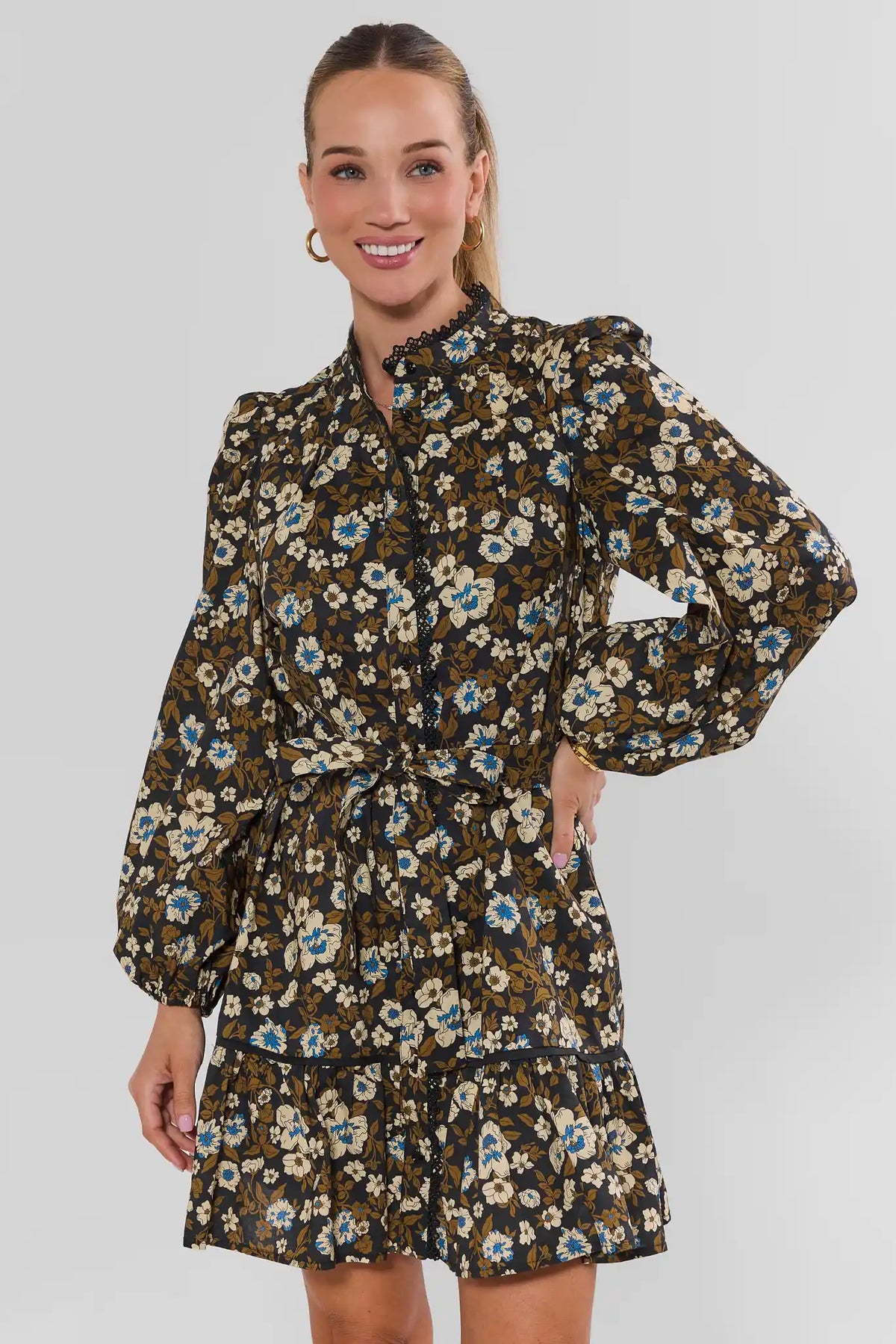 Olive Floral Lace Trim Short Dress - Front View On Model | Avara
