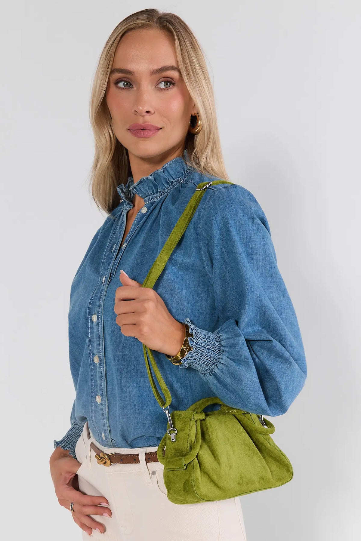 Chartreuse Faux Suede Handbag Worn as Crossbody - On Model Styled Look | Avara