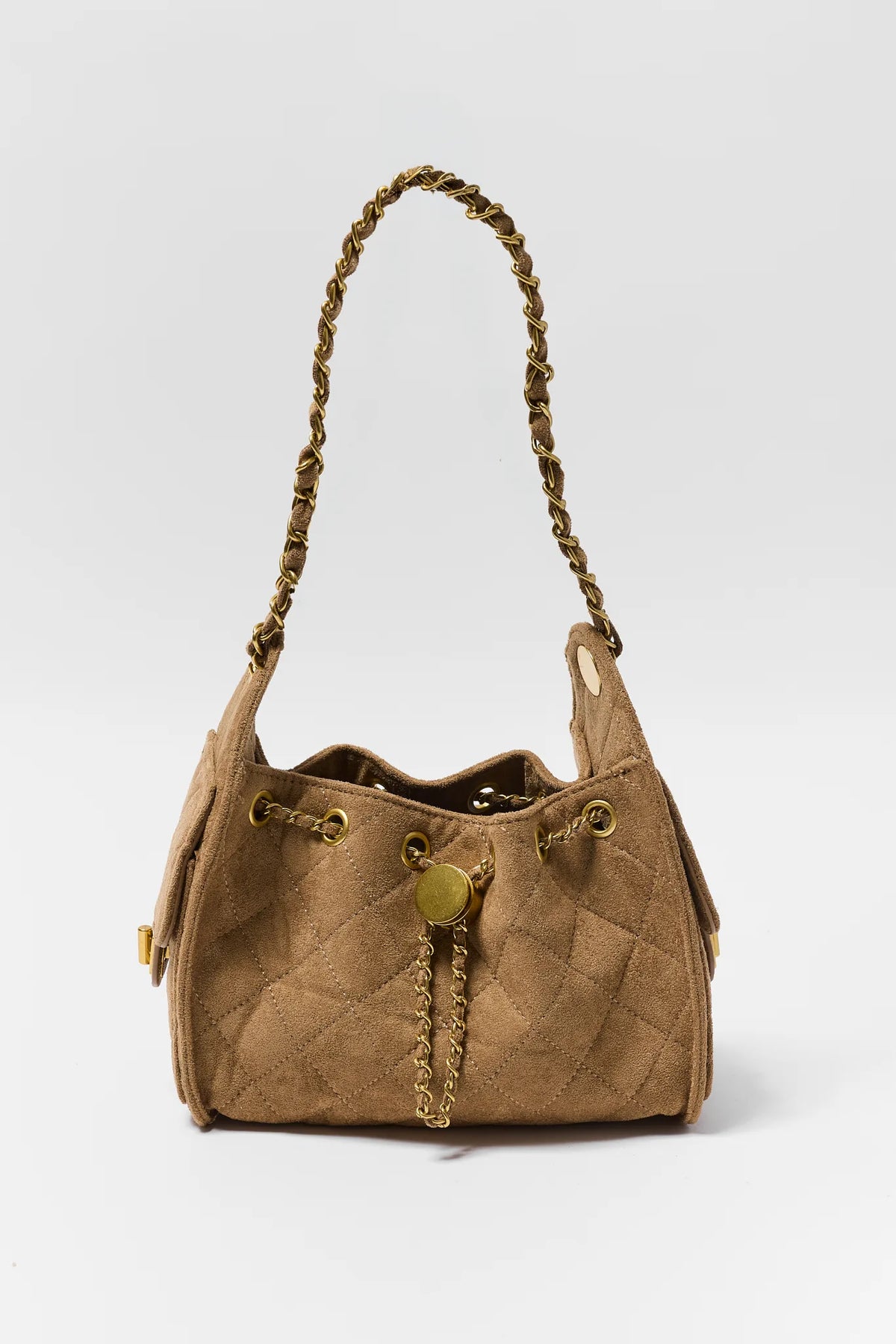 Tan Faux Suede Quilted Bucket Bag with Gold Chain Strap - Front View | Avara