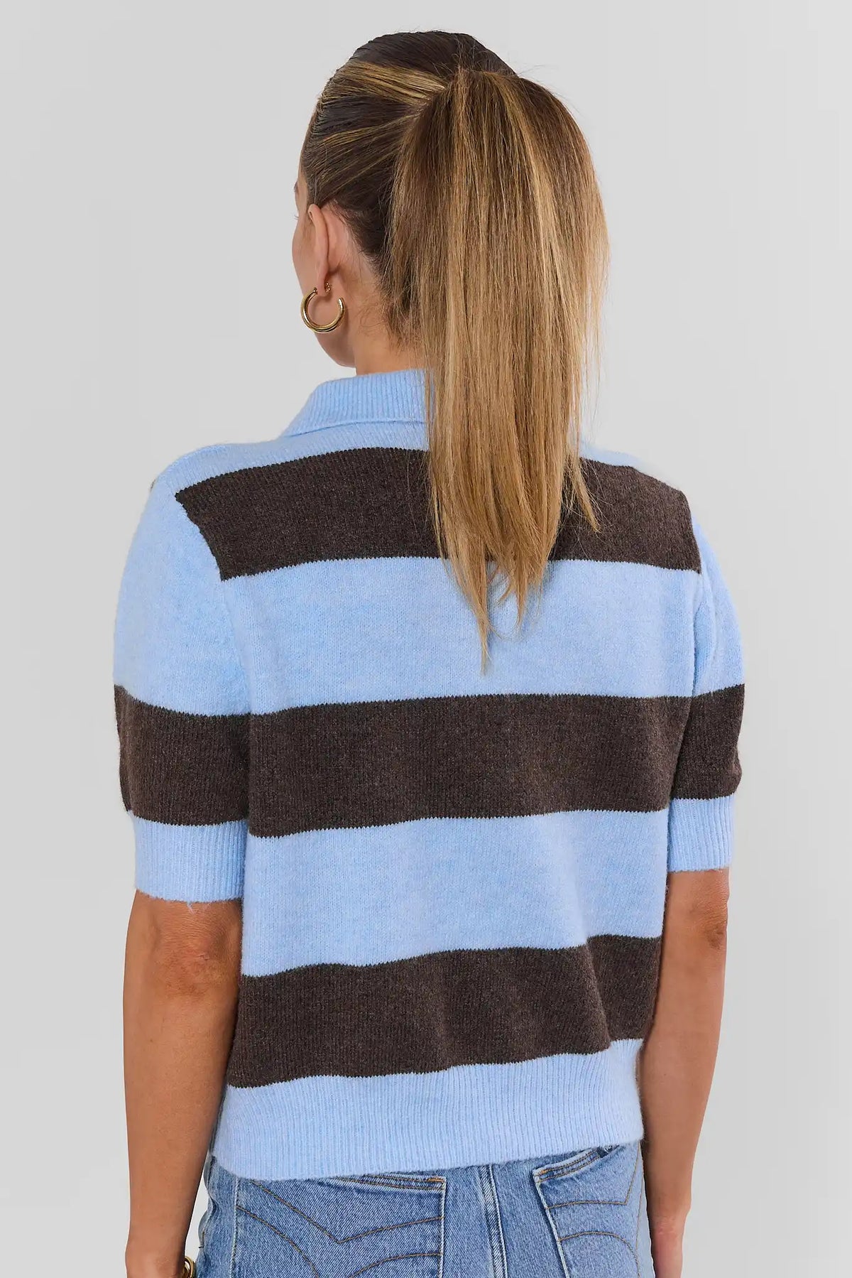 Blue Brown Striped Knit Polo Top - Back View On Model | Avara
