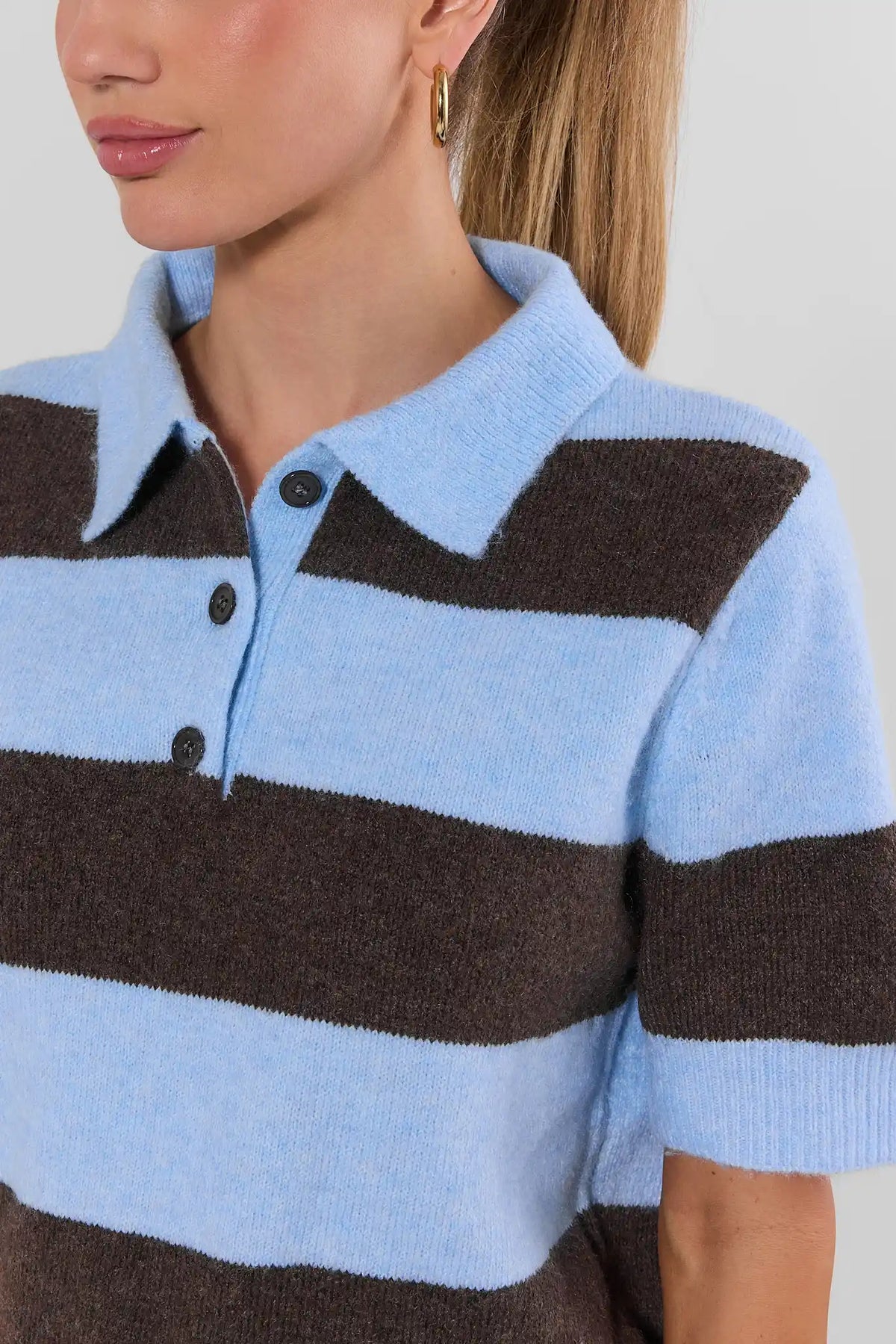Blue Striped Knit Top - Collar & Button Close-Up Detail | Avara