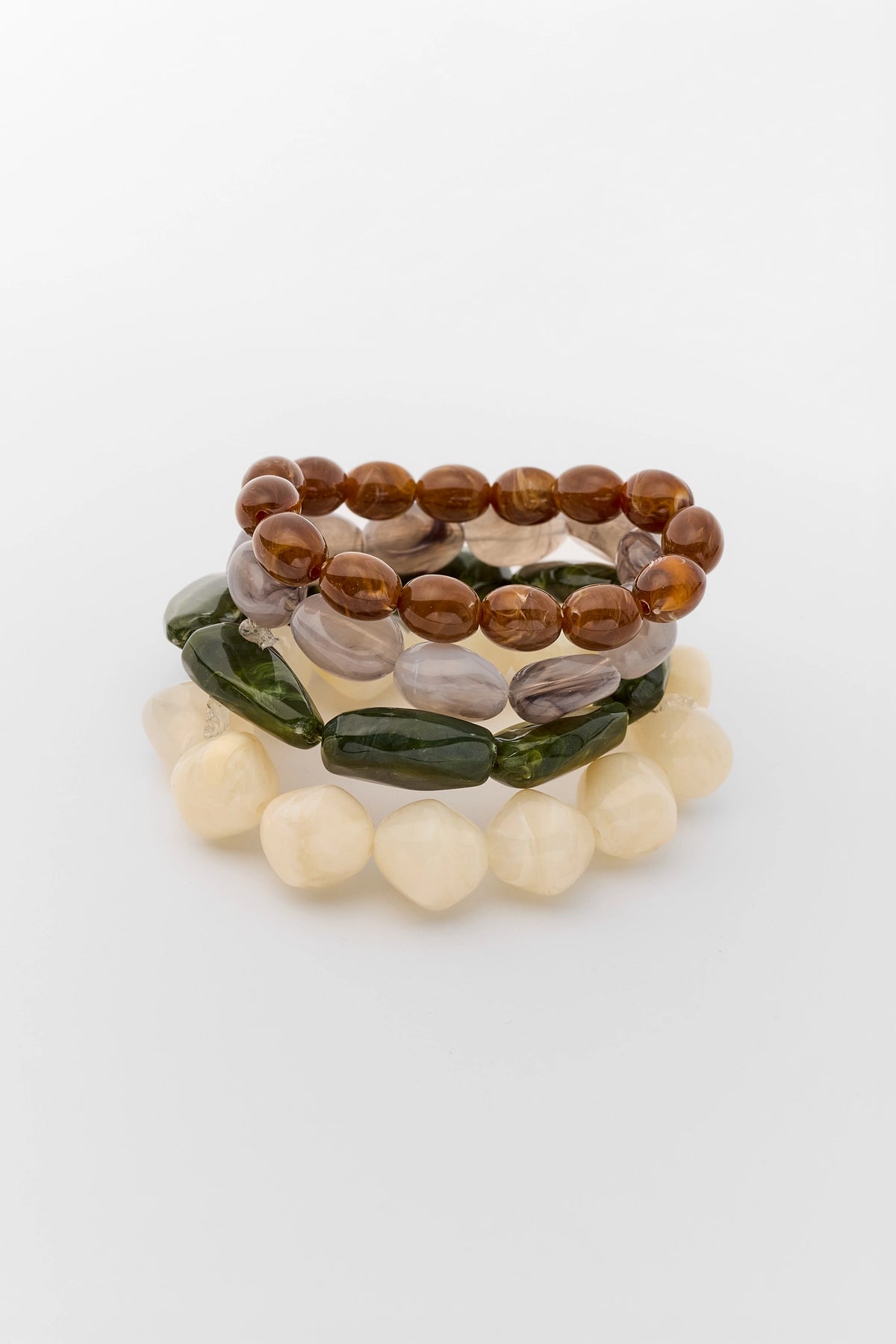 Multi Color Marbled Bead Bracelet Set in Brown, Green, Grey & Cream - Product View | Avara