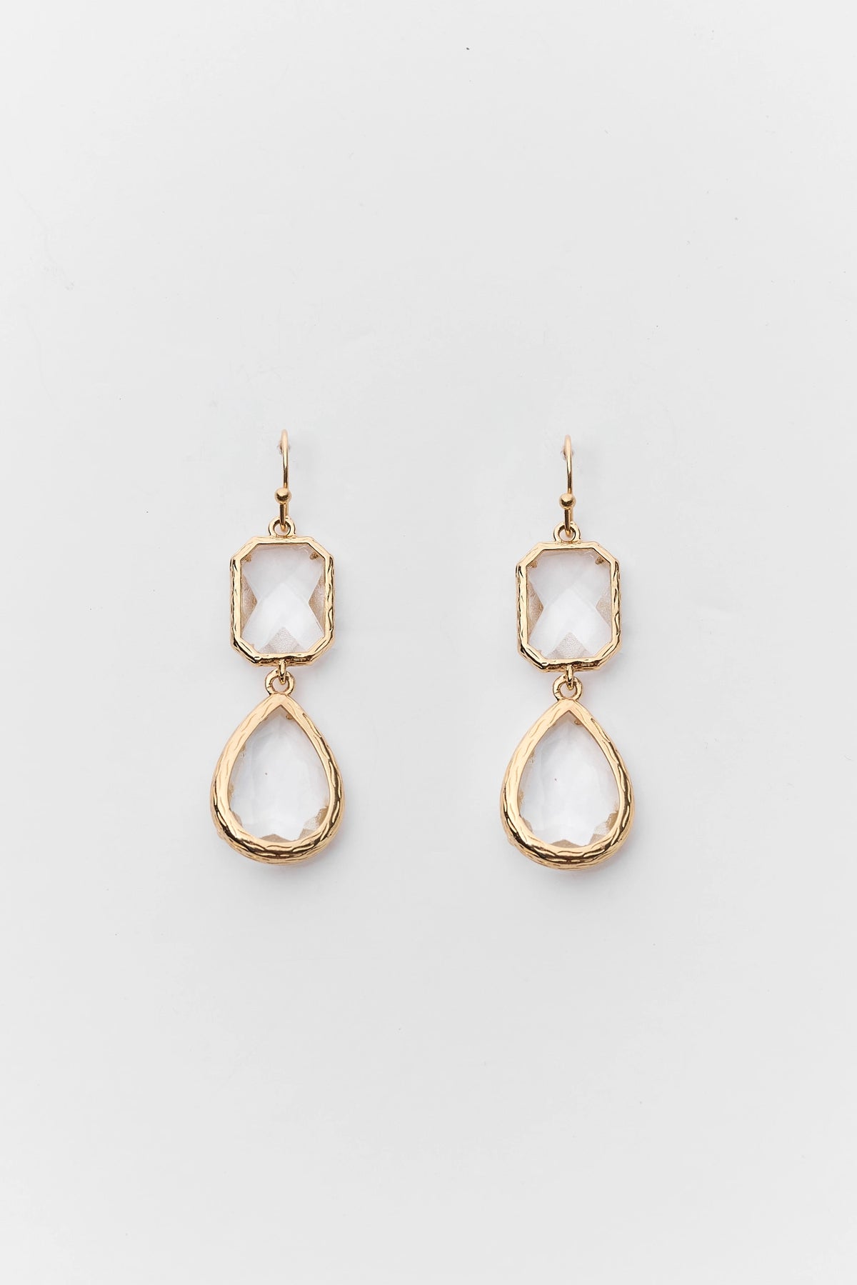 Gold Crystal Teardrop Earrings - Flat Lay, Double-Drop Crystal Detail | Avara
