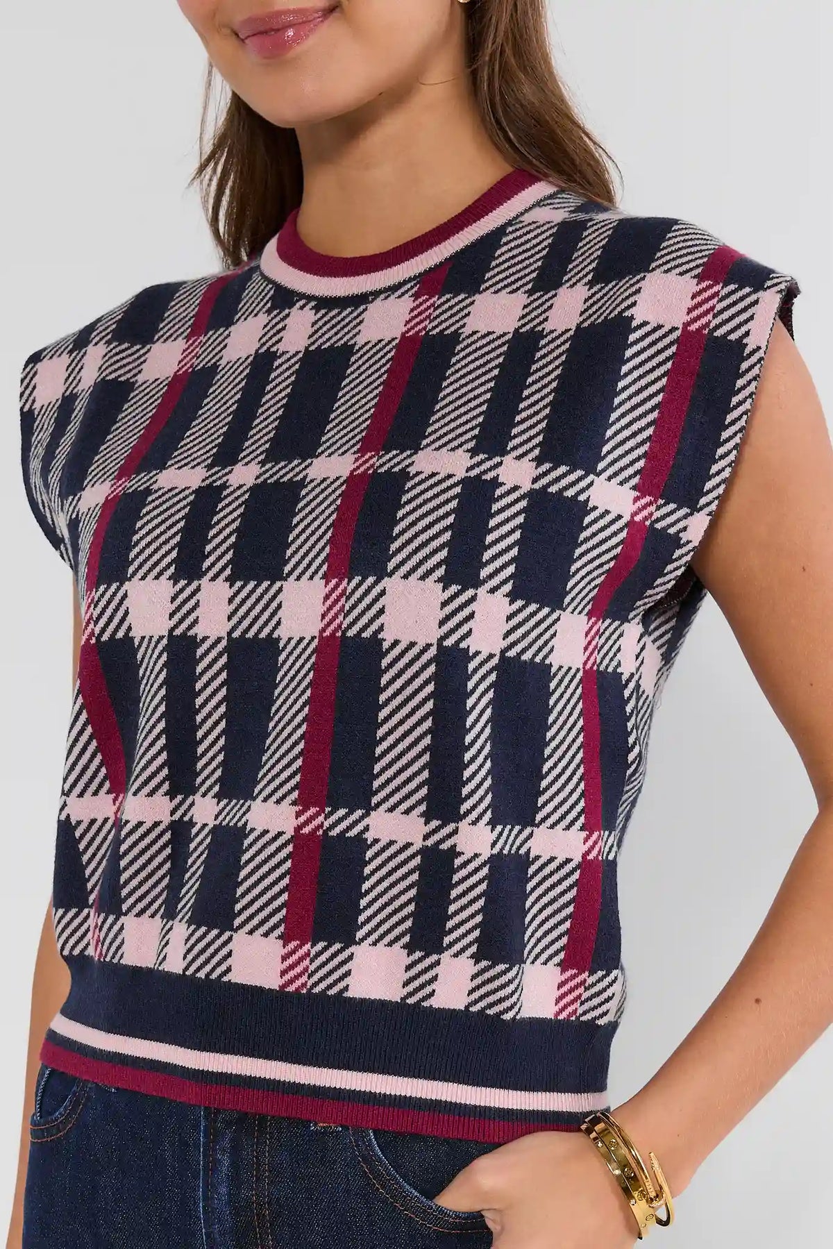 Navy Plaid Contrast Trim Sweater - Close-Up Knit & Trim Detail | Avara