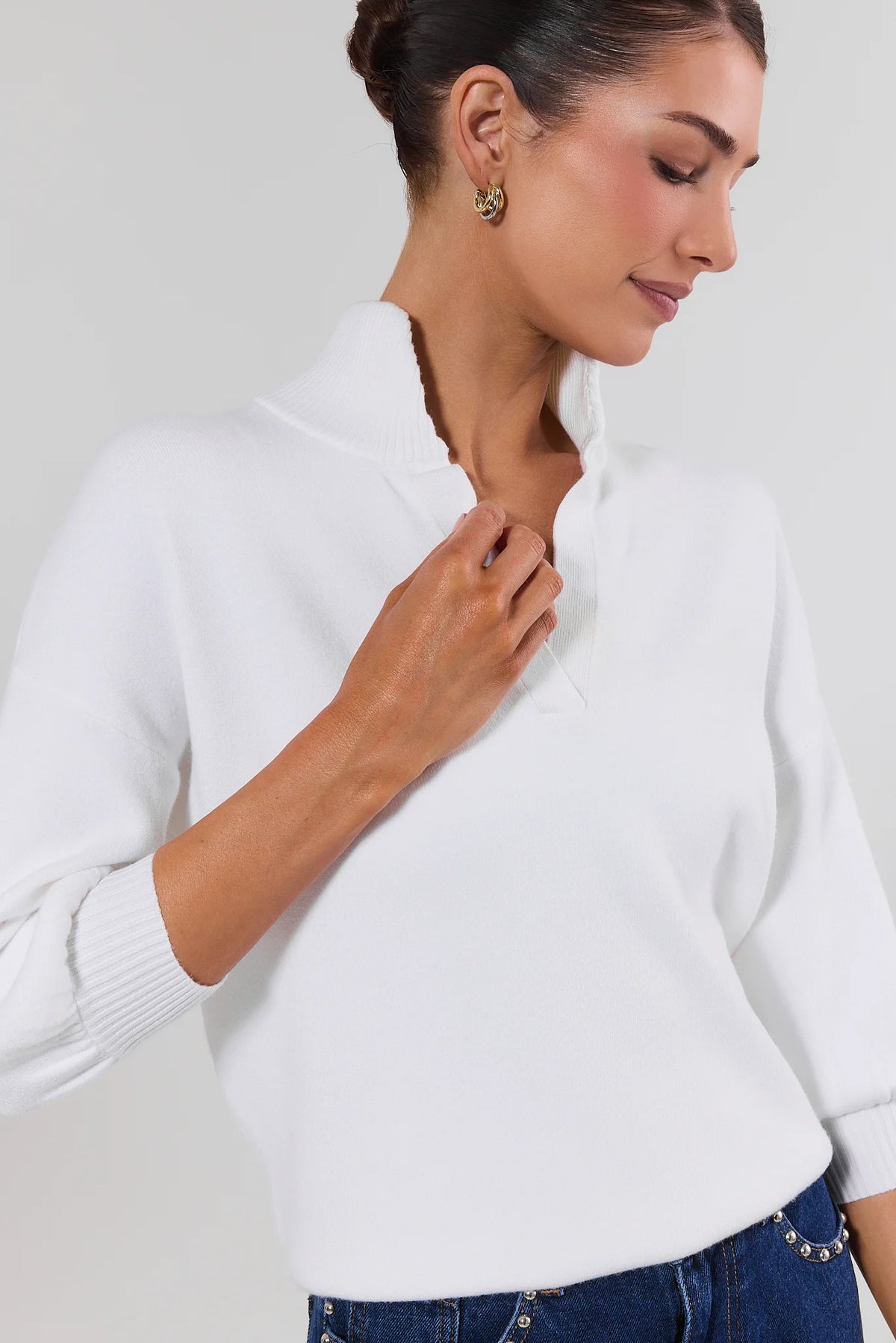Gwyneth Cream Knit Sweater - Stand Collar V-Neckline Close-Up Detail, On Model | Avara
