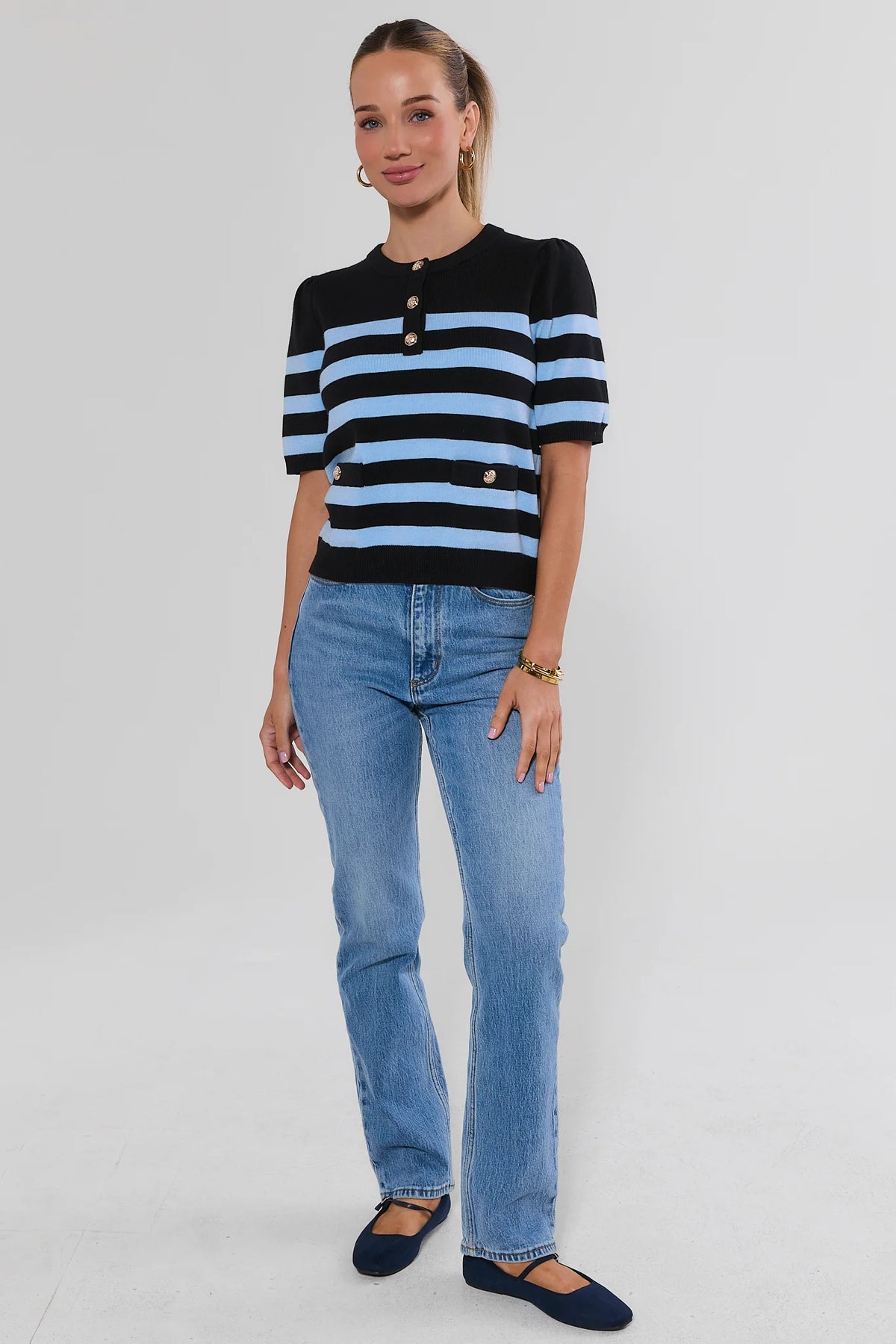 Navy Striped Knit Top Styled with Blue Jeans - Full Front View on Model | Avara