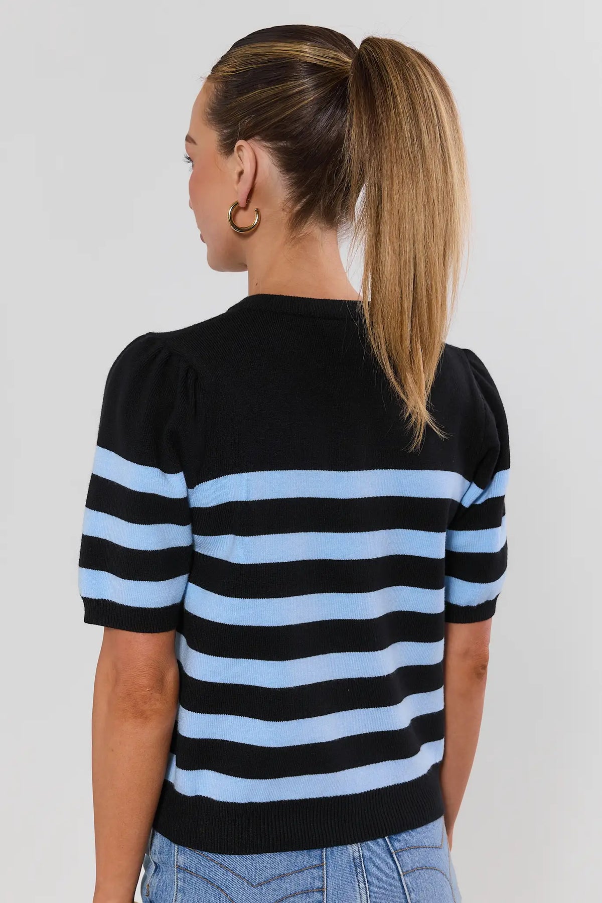 Navy Striped Knit Top - Back View Showing Puff Sleeve & Stripe Detail | Avara