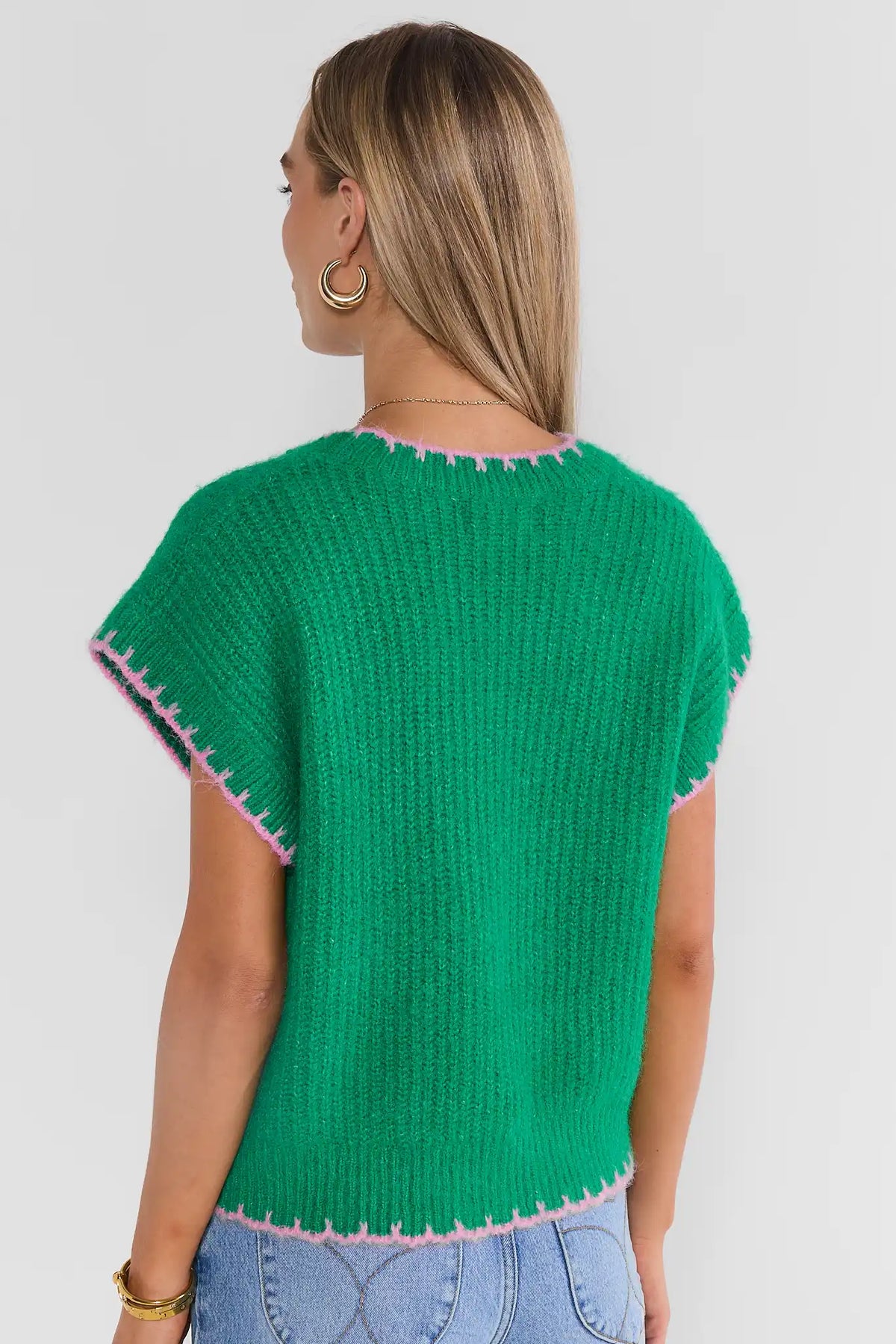 Green Ribbed Knit Sweater Vest with Pink Whipstitch Edges - Back View | Avara