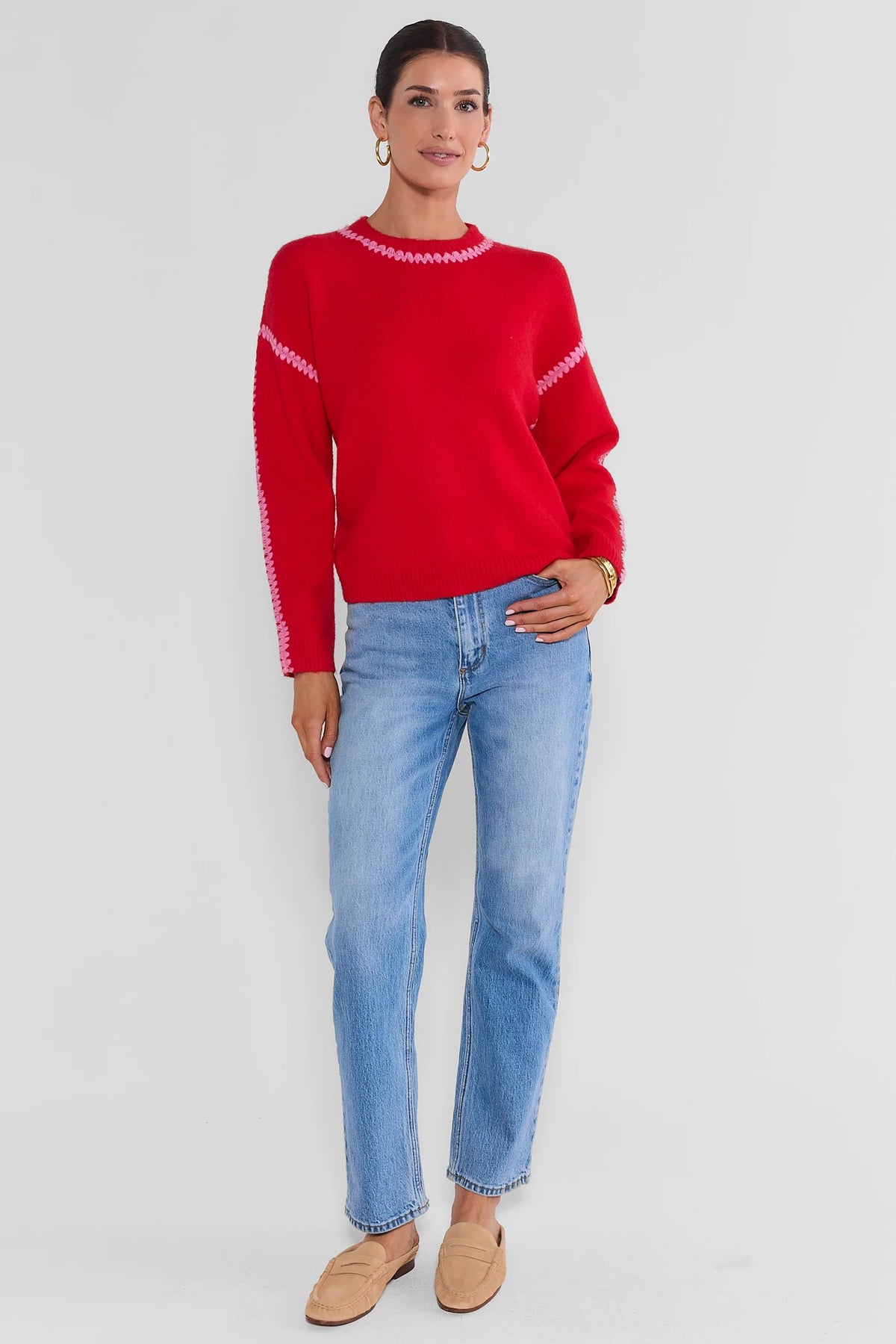 Red Women's Sweater with Pink Stitched Trim - Full-Length Front, Styled with Denim | Avara