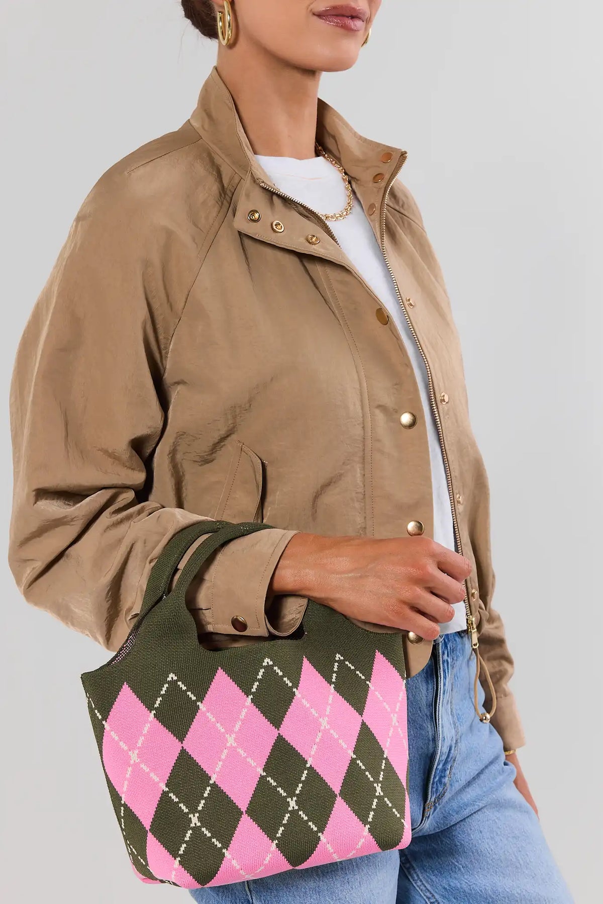 Pink Argyle Woven Bucket Bag - On Model Hand Carry View | Avara