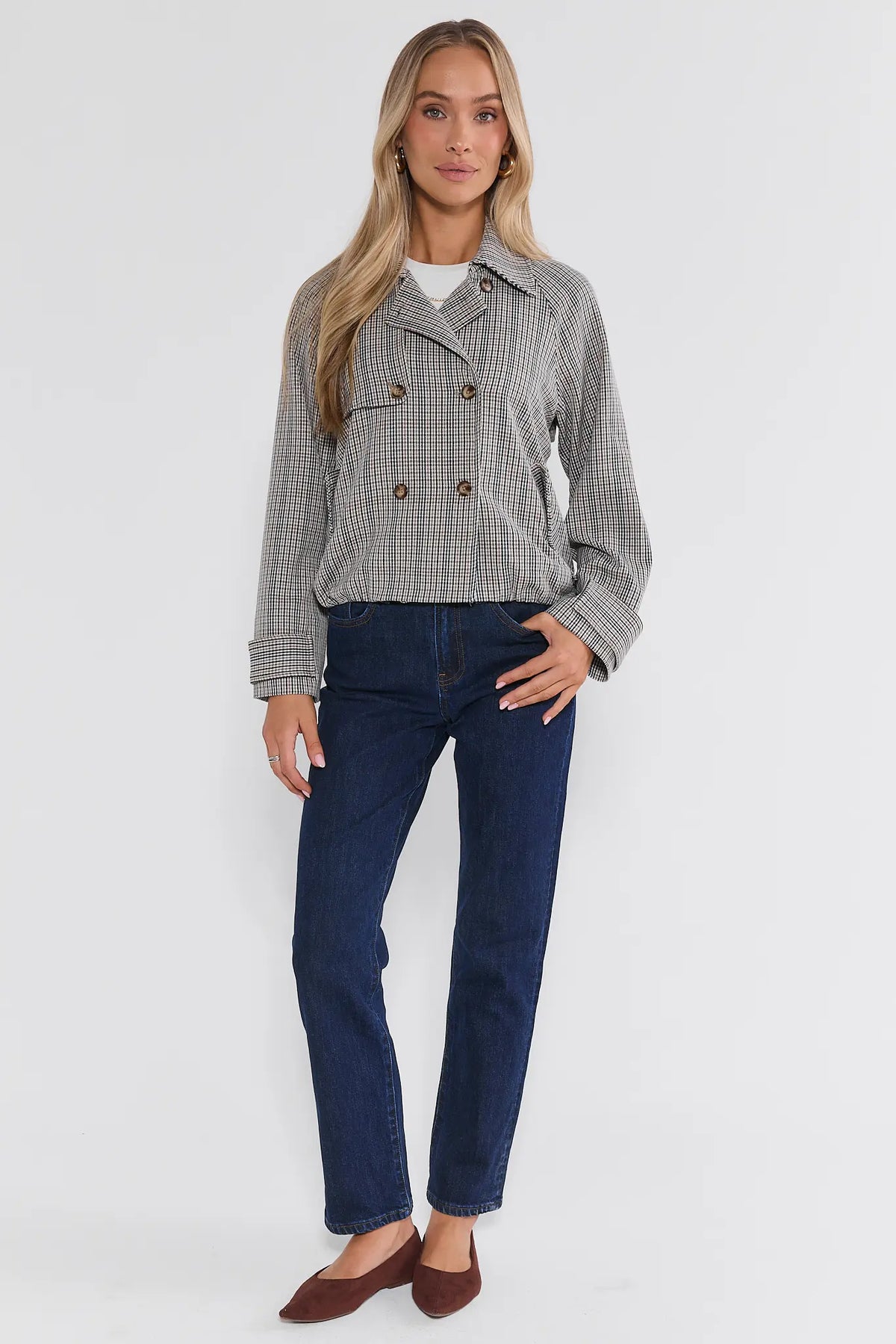 Brown Plaid Cropped Trench Jacket - Full Length Front Styled with Jeans | Avara
