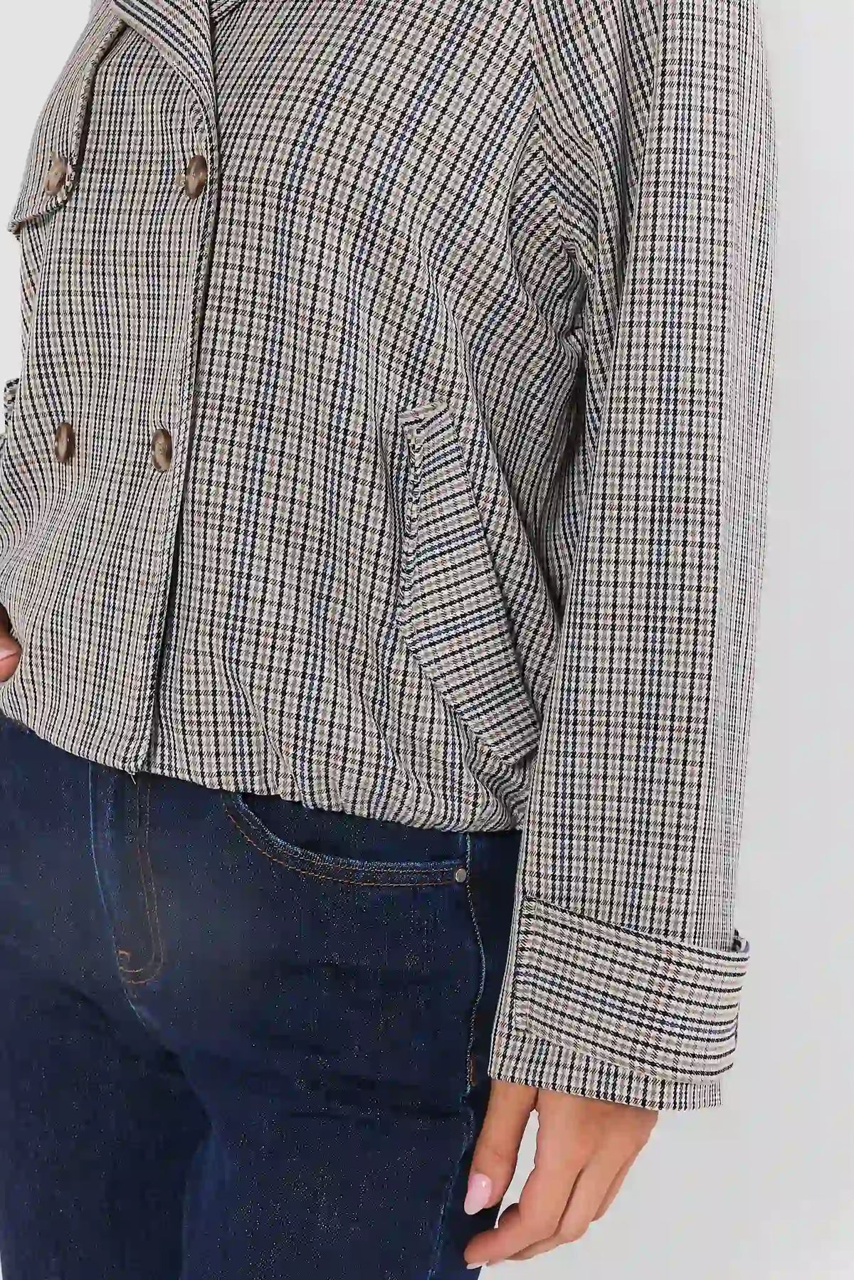 Brown Plaid Cropped Trench Jacket - Side Hem & Cuff Detail On Model | Avara