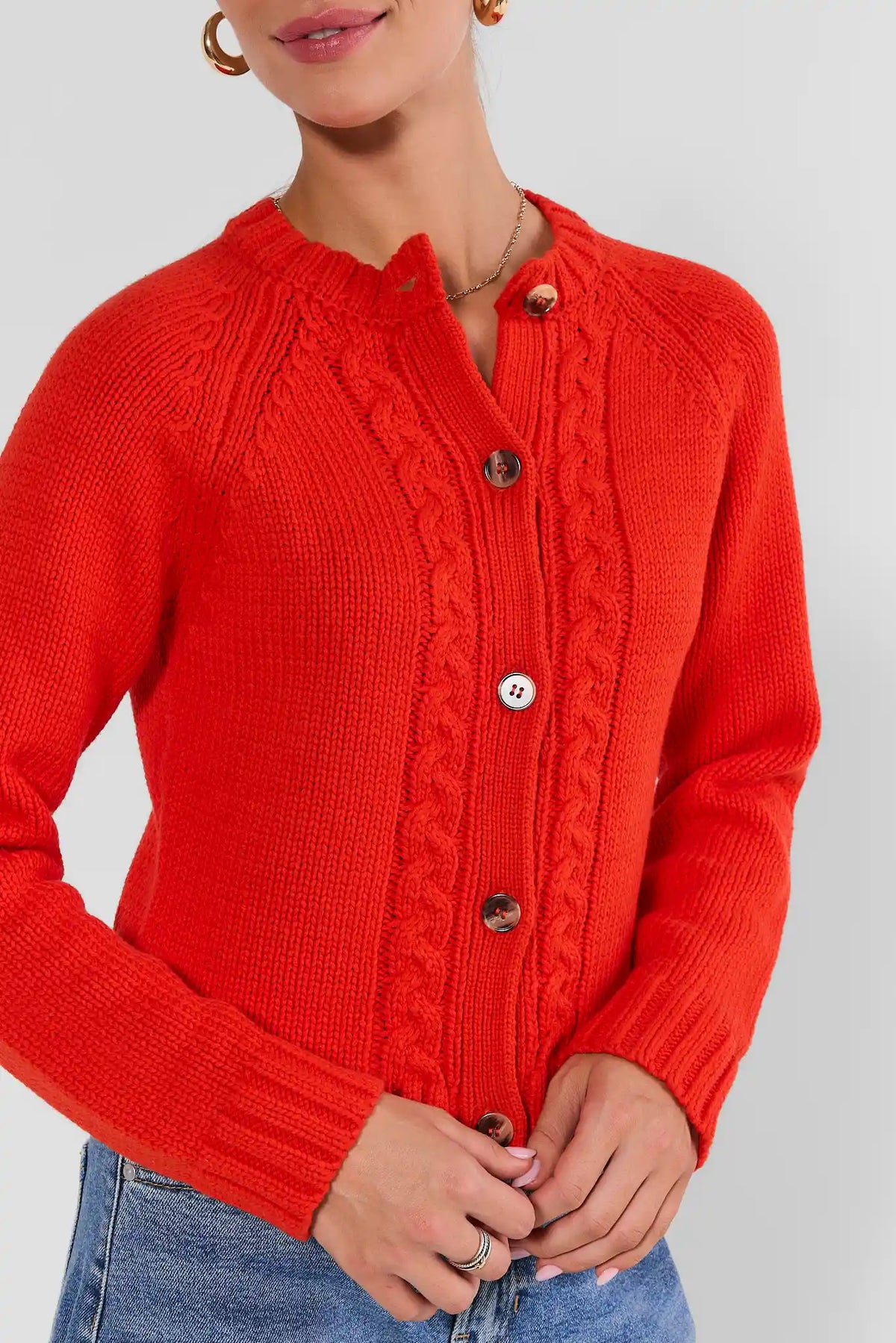 Red Cable Knit Cardigan - Cable Knit & Tortoise Button Close-Up Detail | Avara