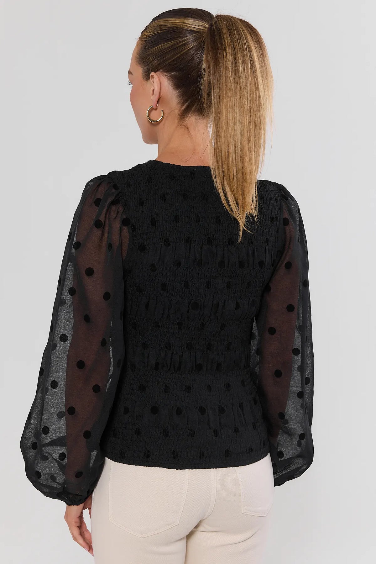 Black Polka Dot Smocked Top, Sheer Puff Sleeves - Back View | Avara