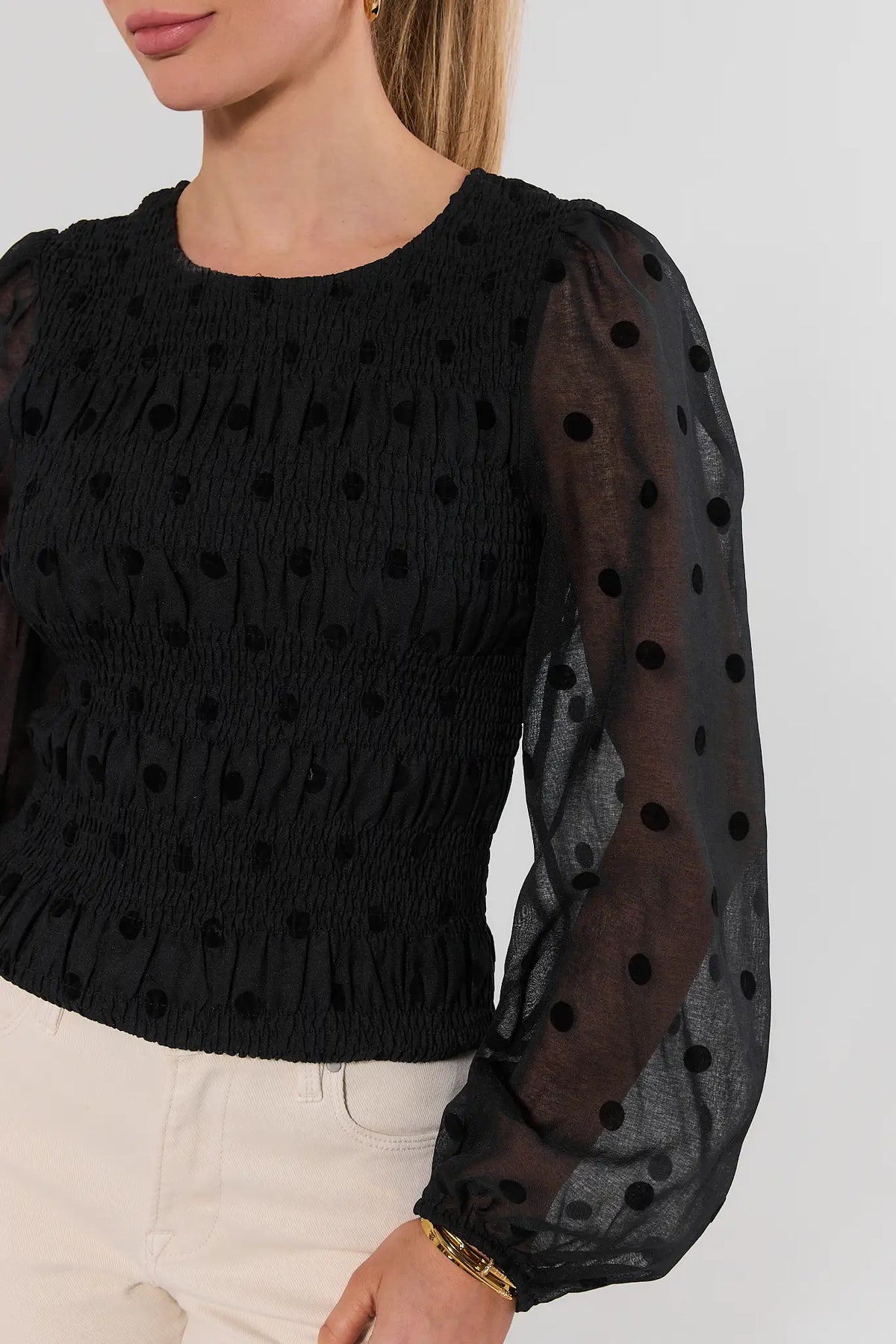 Black Smocked Polka Dot Top - Smocking and Sheer Sleeve Close-Up Detail | Avara
