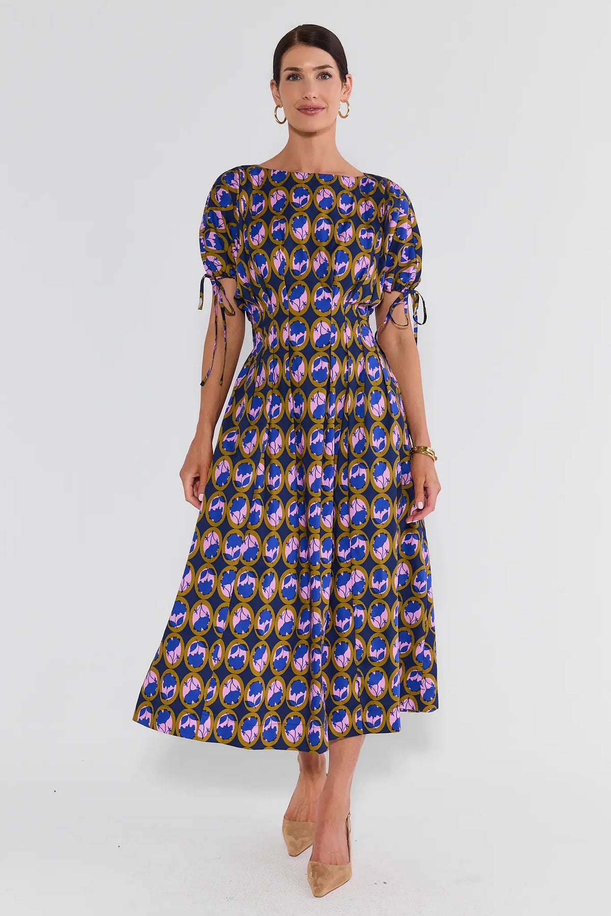 Blue Floral Print Boat Neck Midi Dress - Full Front View, On Model | Avara