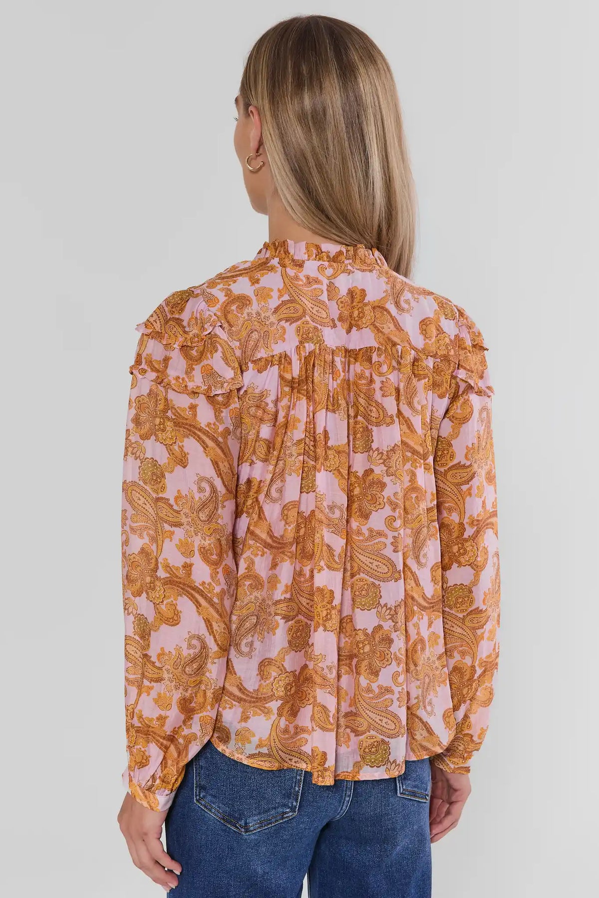 Orange Paisley Printed Long Sleeve Ruffle Top - On Model Back View | Avara