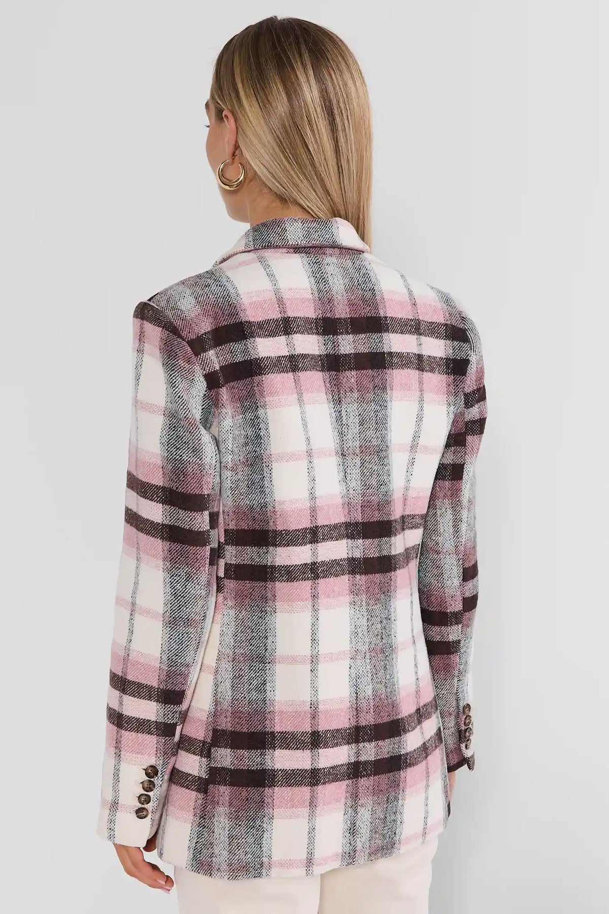 Pink Plaid Women's Blazer - Side Profile View Showing Silhouette | Avara