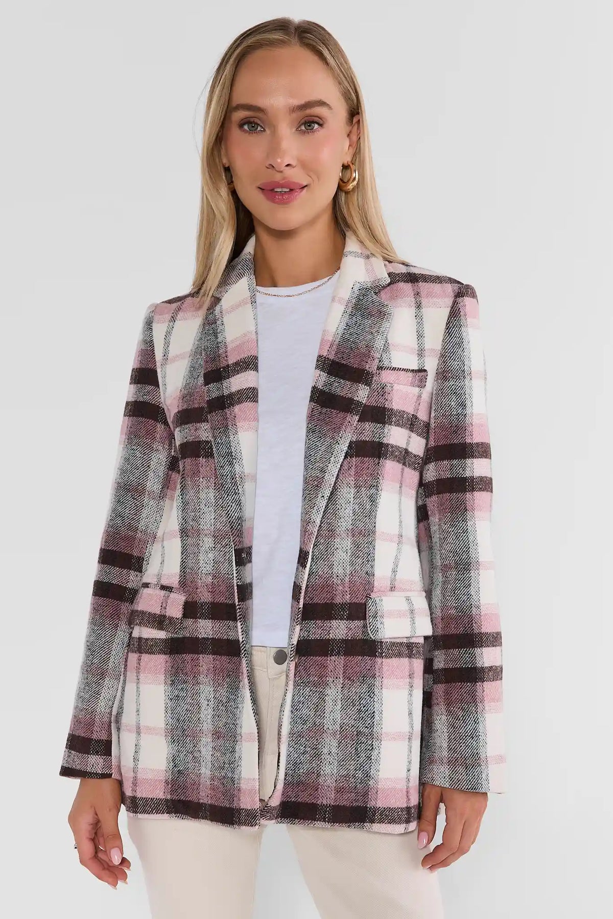 Light Pink Plaid Blazer for Women - Full Front View Styled with Ankle Boots | Avara