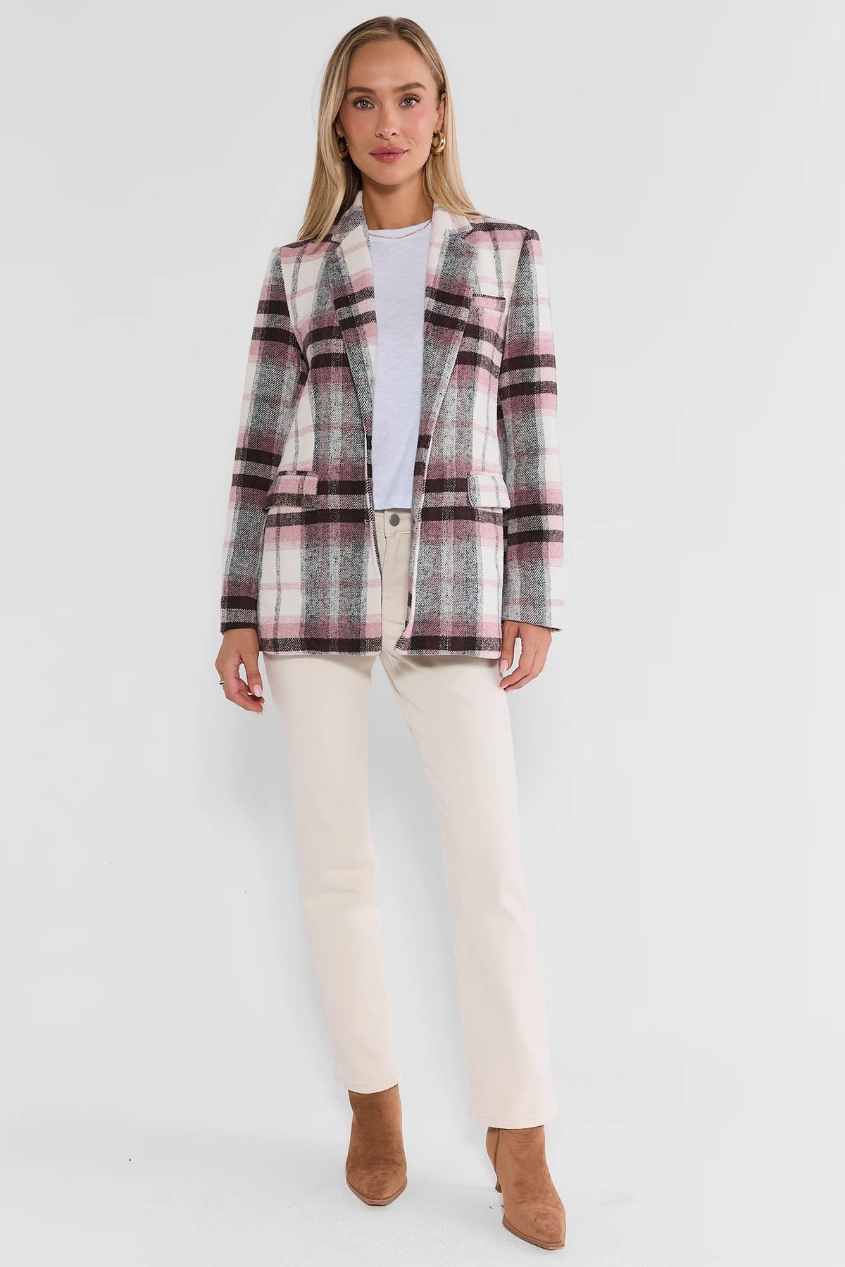 Light Pink Plaid Blazer - Back View Showing Notch Lapel and Button Cuffs | Avara
