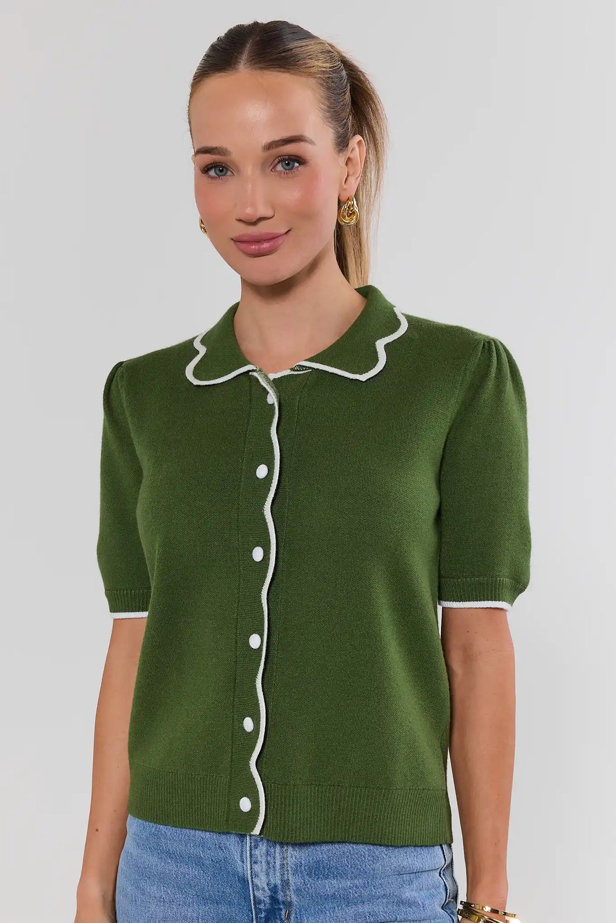 Green Scalloped Collar Knit Top for Women - Front View On Model with Jeans | Avara
