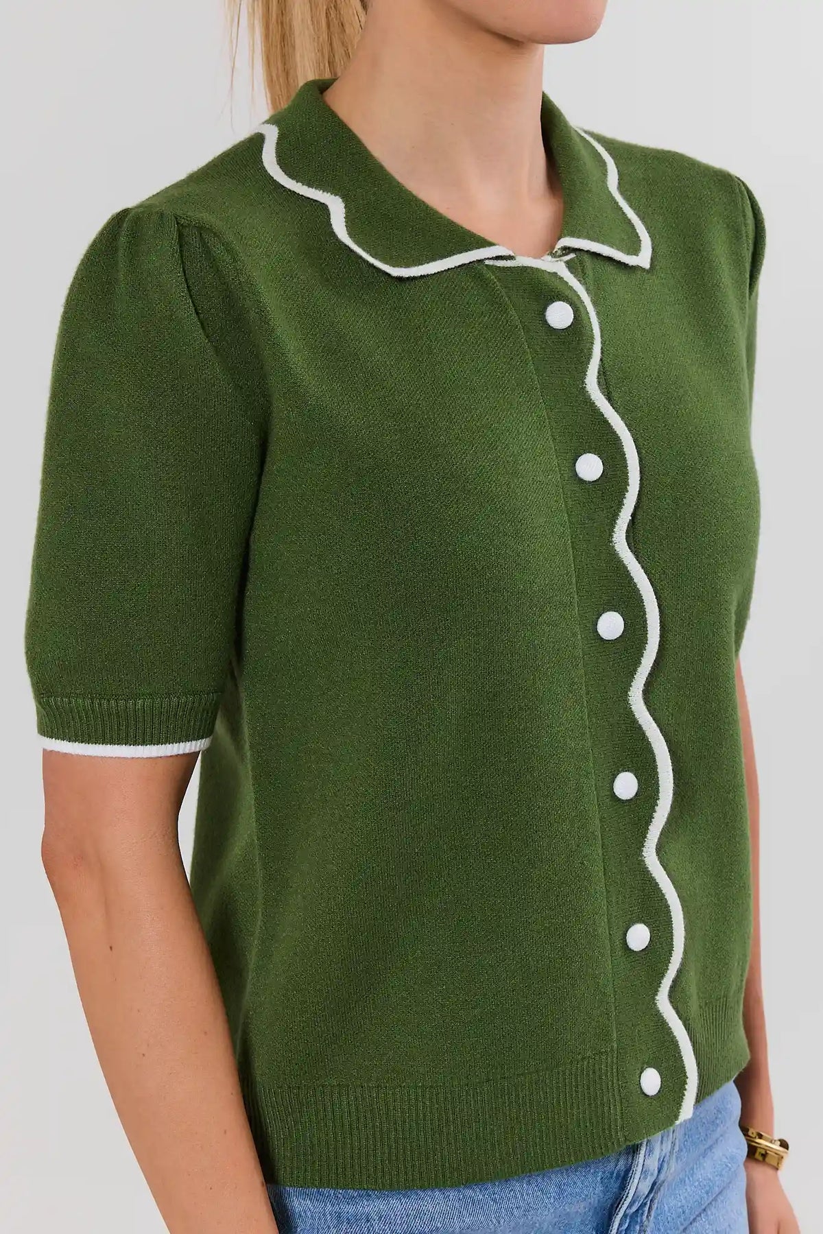 Green Short Sleeve Knit Button Top - Scalloped Trim Collar Detail Close-Up | Avara
