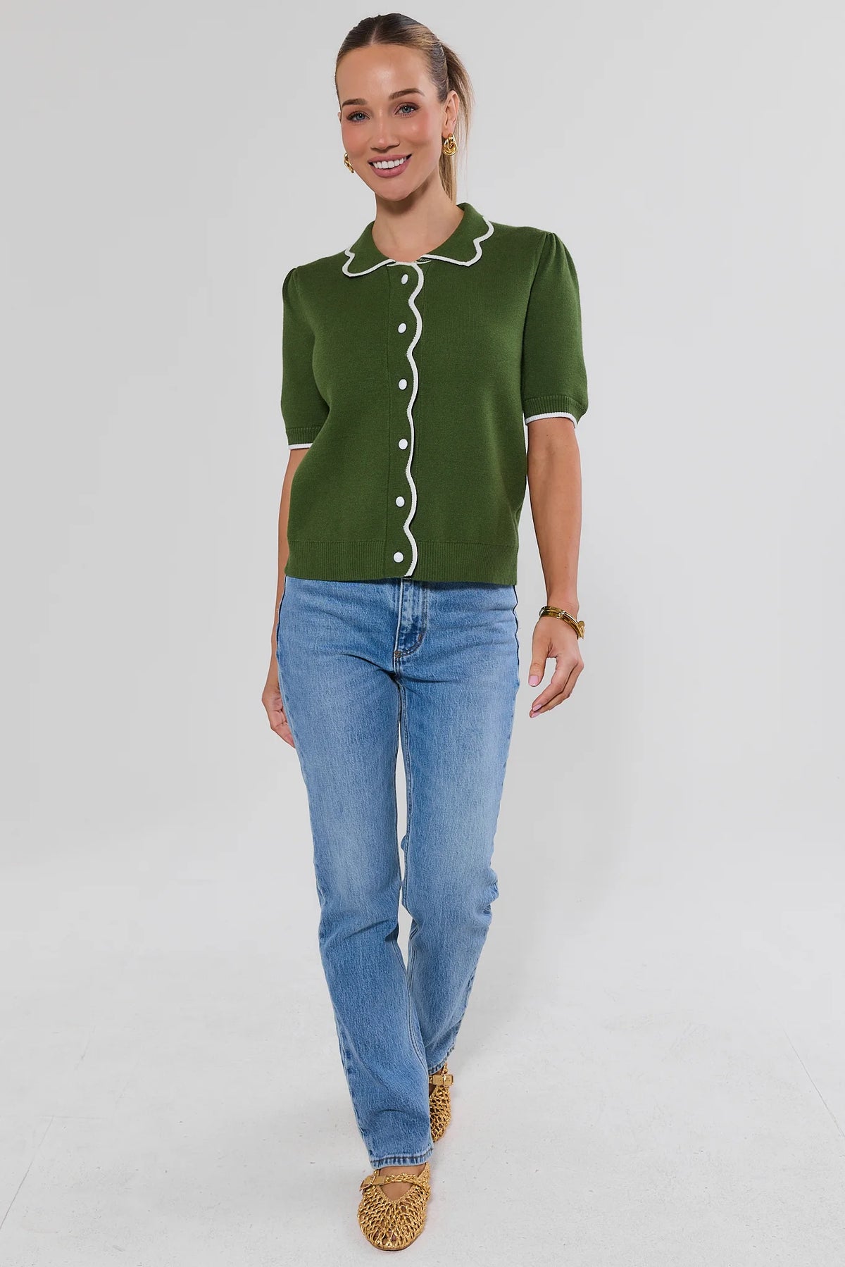Green Scalloped Knit Top - Full Body Front View Styled with Light Wash Jeans | Avara