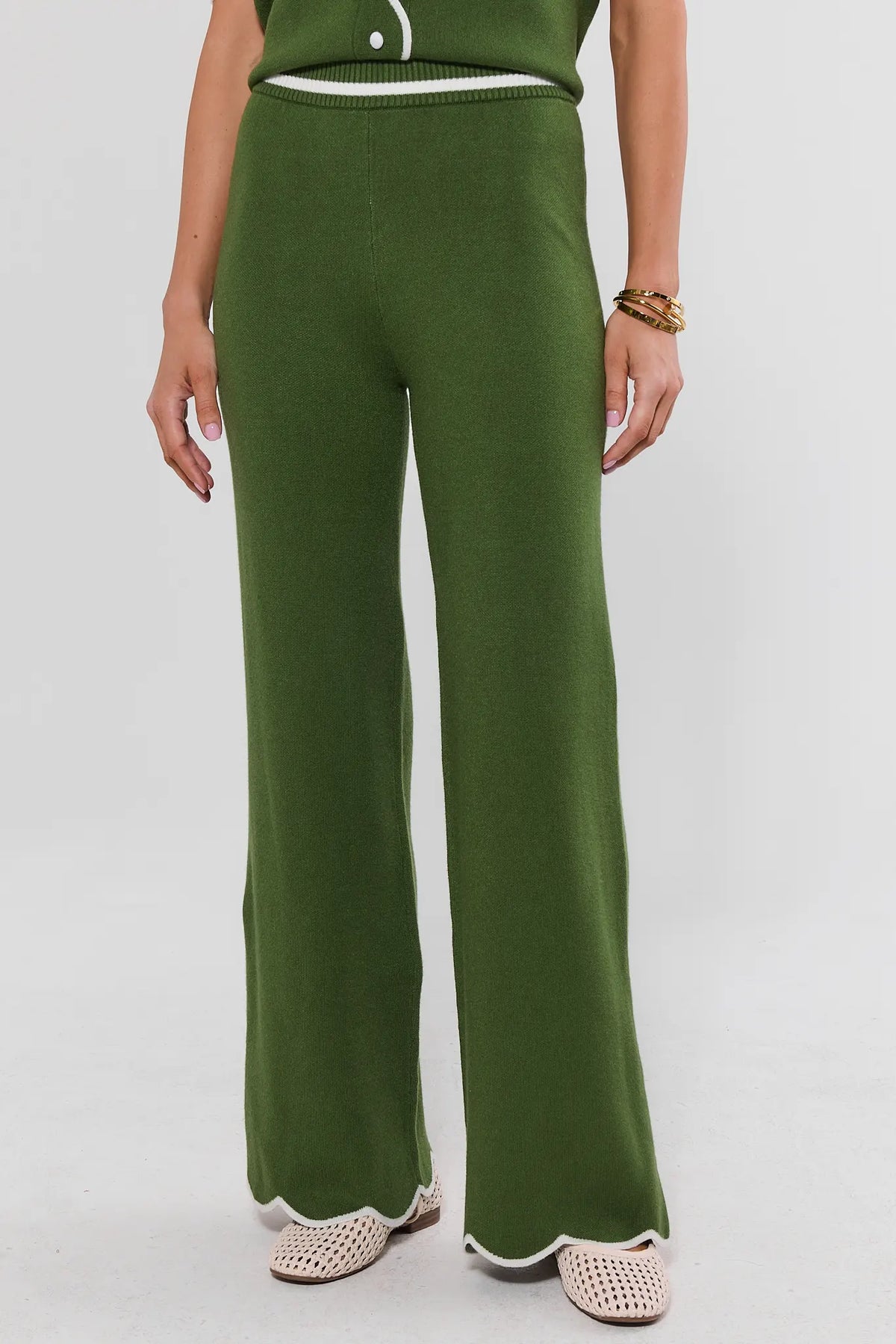 Green Knit Wide Leg Scalloped Trim Pants - Front View On Model | Avara