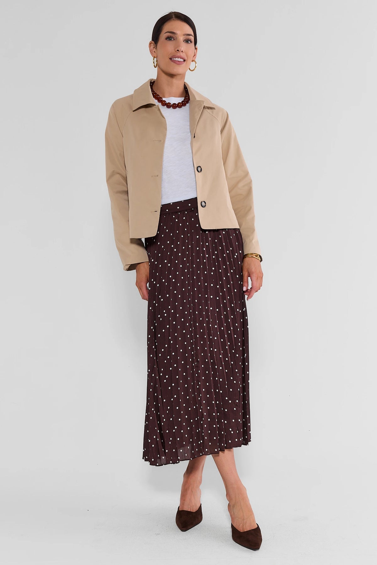 Brown Polka Dot Midi Skirt - Full Styled Look with Tan Jacket | Avara