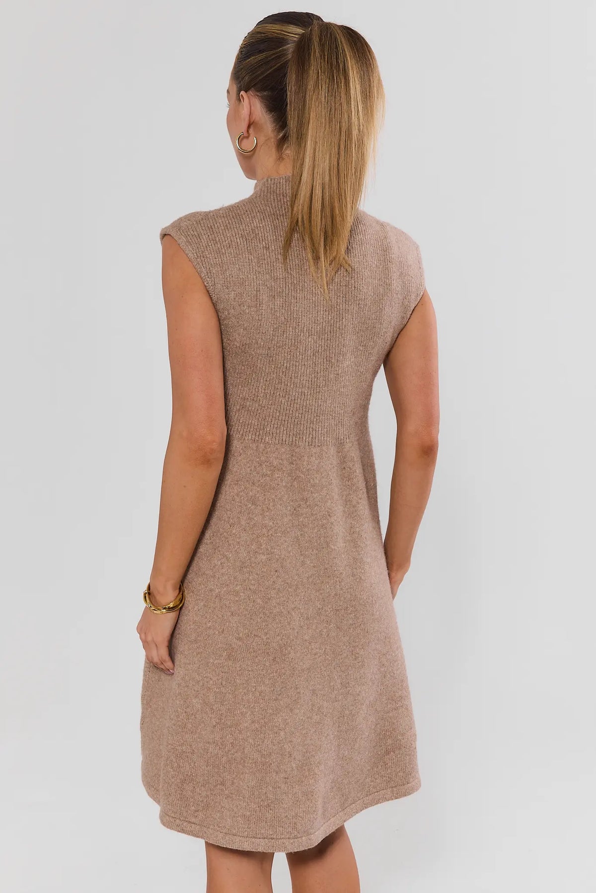 Taupe Knit Short Dress - Back View Showing Mock Neck and A-Line Silhouette | Avara