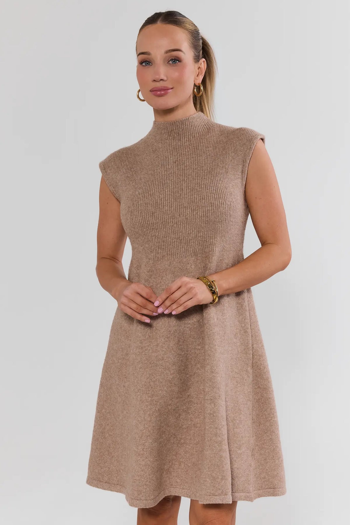 Taupe Knit Mock Neck Short Dress - Front View Close-Up with Gold Jewelry | Avara
