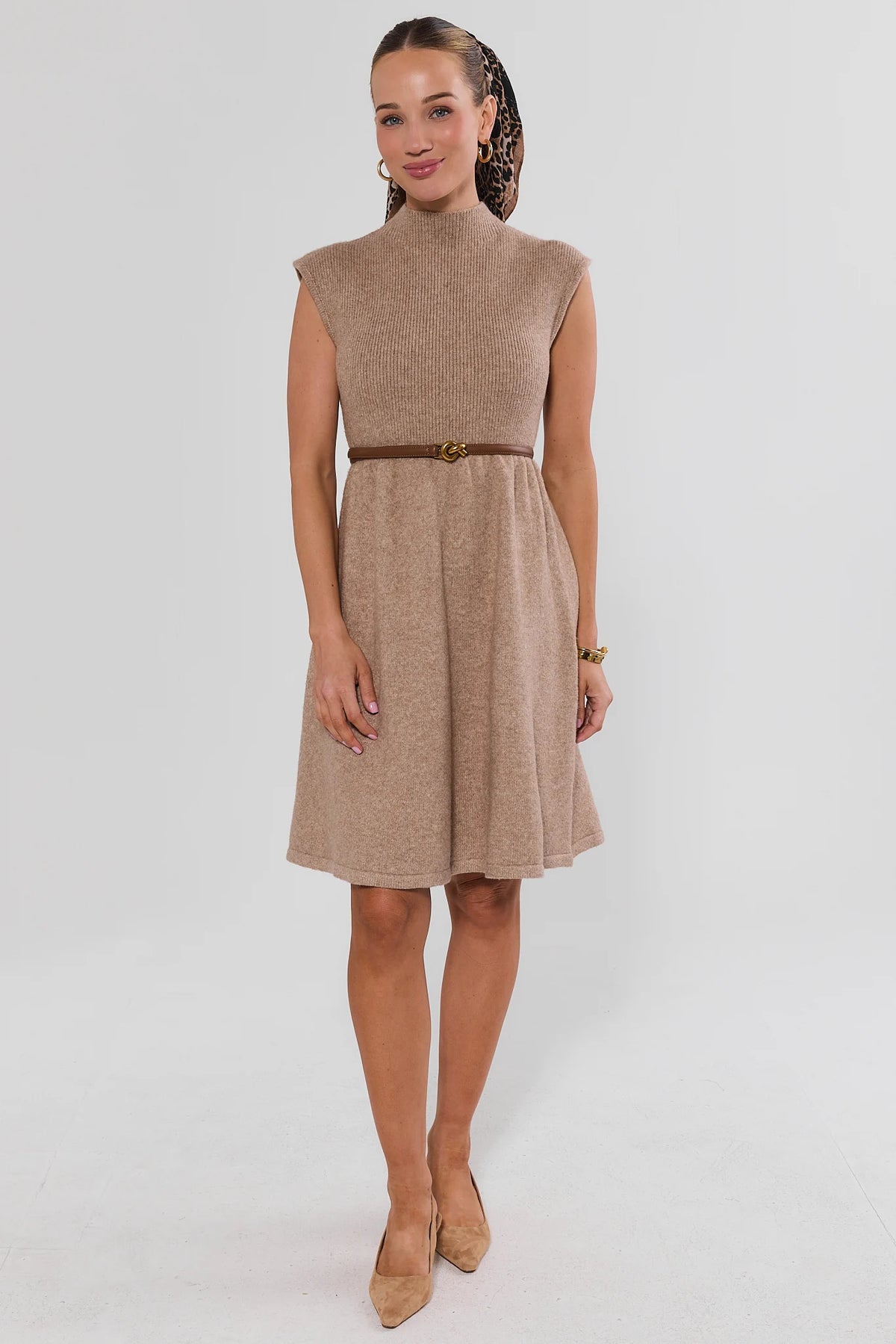Taupe Knit Dress - Styled with Thin Belt and Nude Heels, Full Front View | Avara