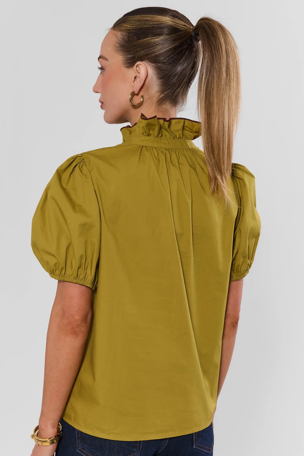 Green Pleated Ruffle Top - Back View Showing Puff Sleeves and Ruffle Collar | Avara