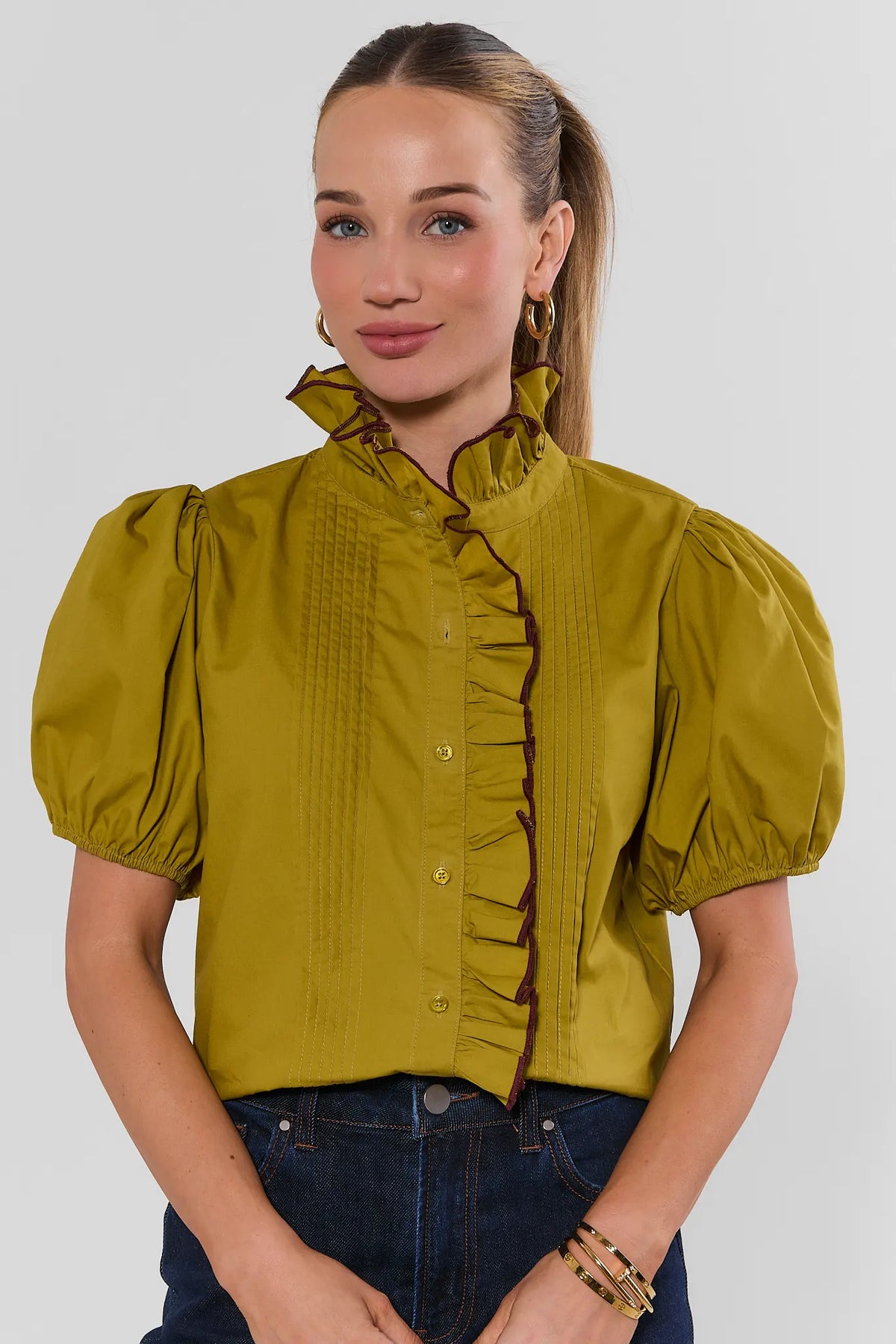 Green Pleated Ruffle Top - Front View, Puff Sleeve Cotton Top for Women | Avara