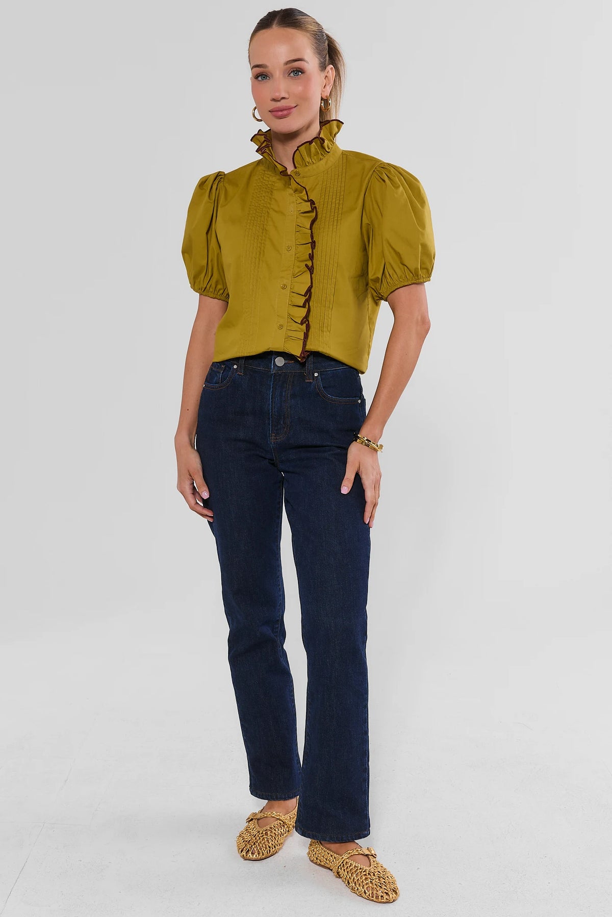 Green Puff Sleeve Ruffle Top - Full Body Front View on Model with Jeans | Avara