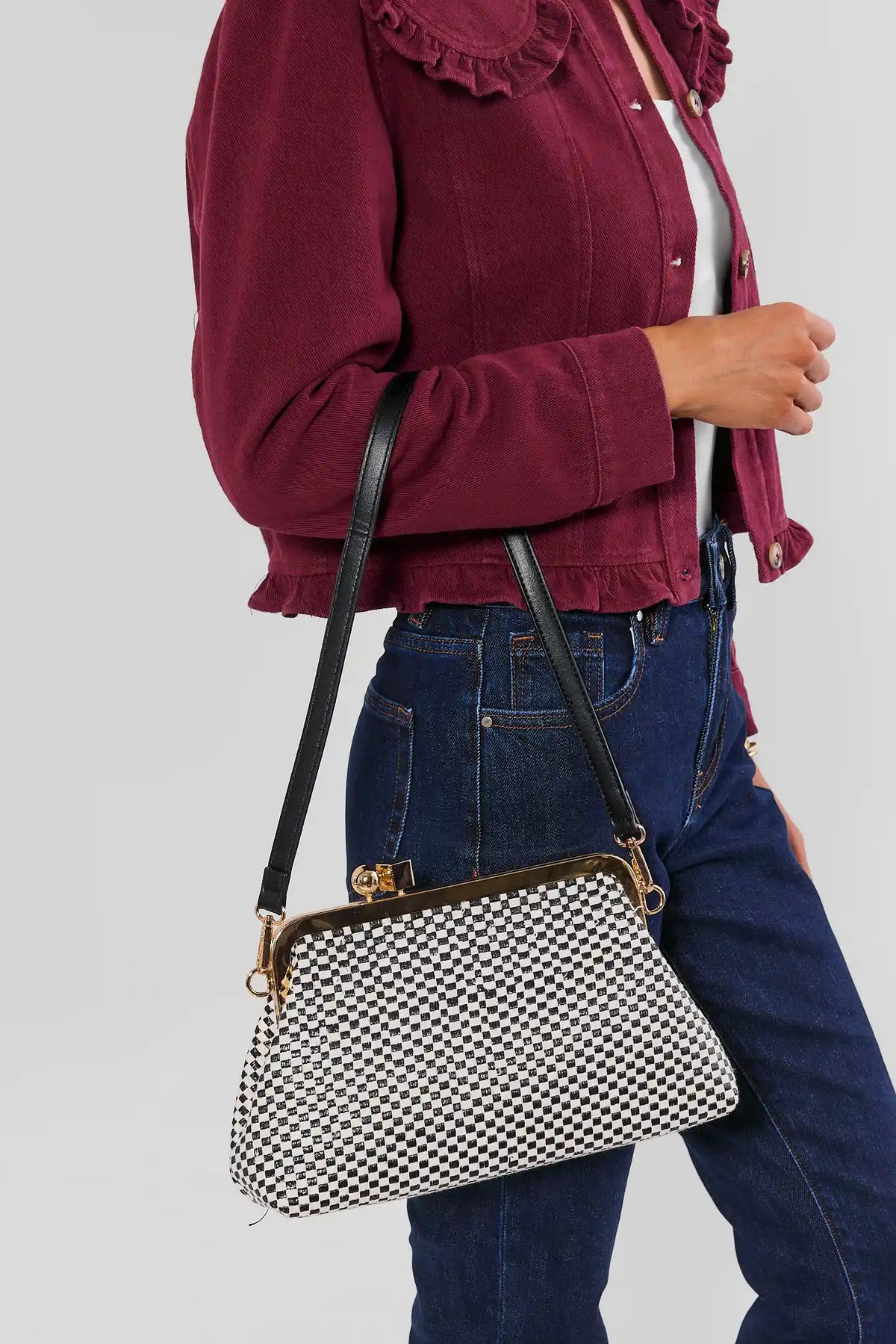 Black and White Woven Clutch Bag - On Model Styled Look with Crossbody Strap | Avara