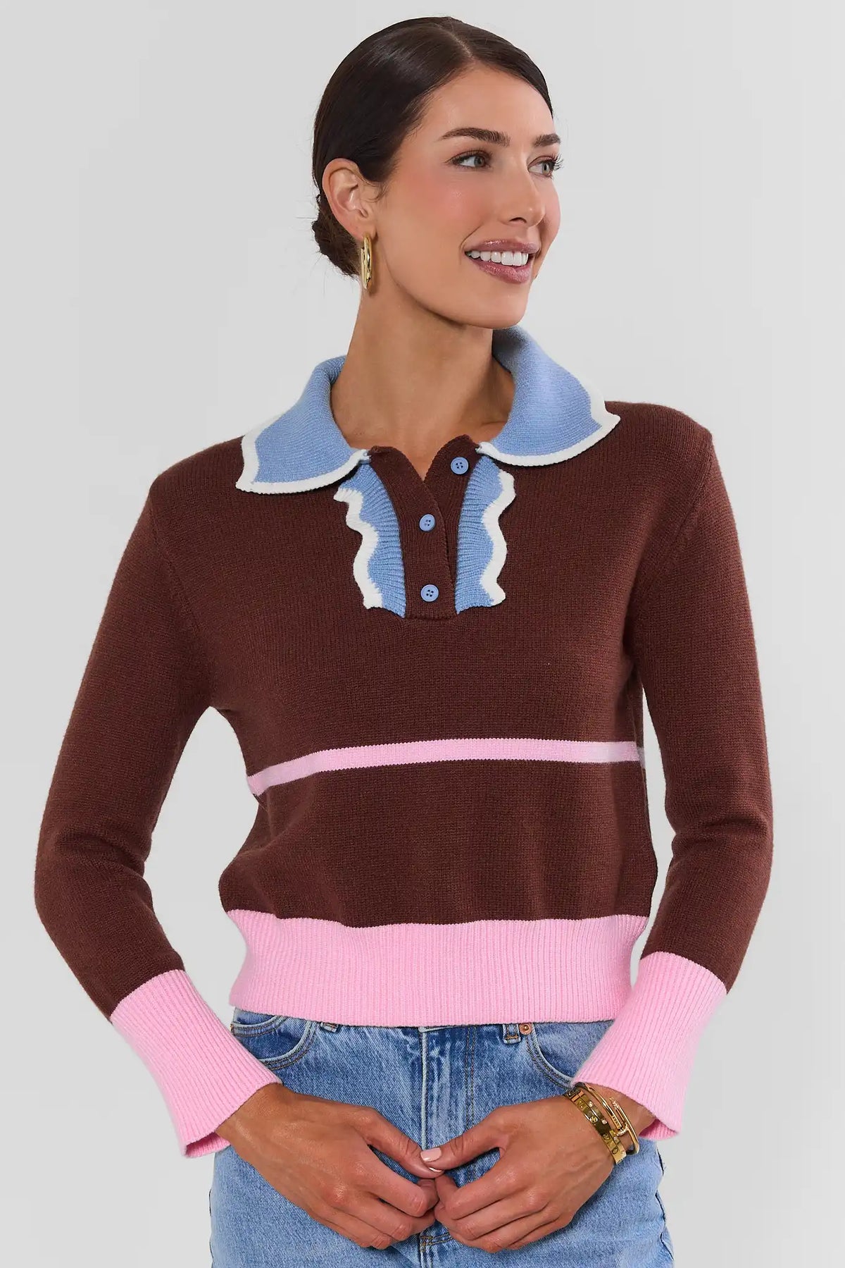 Brown Knit Polo Sweater - Front View On Model with Blue Jeans | Avara