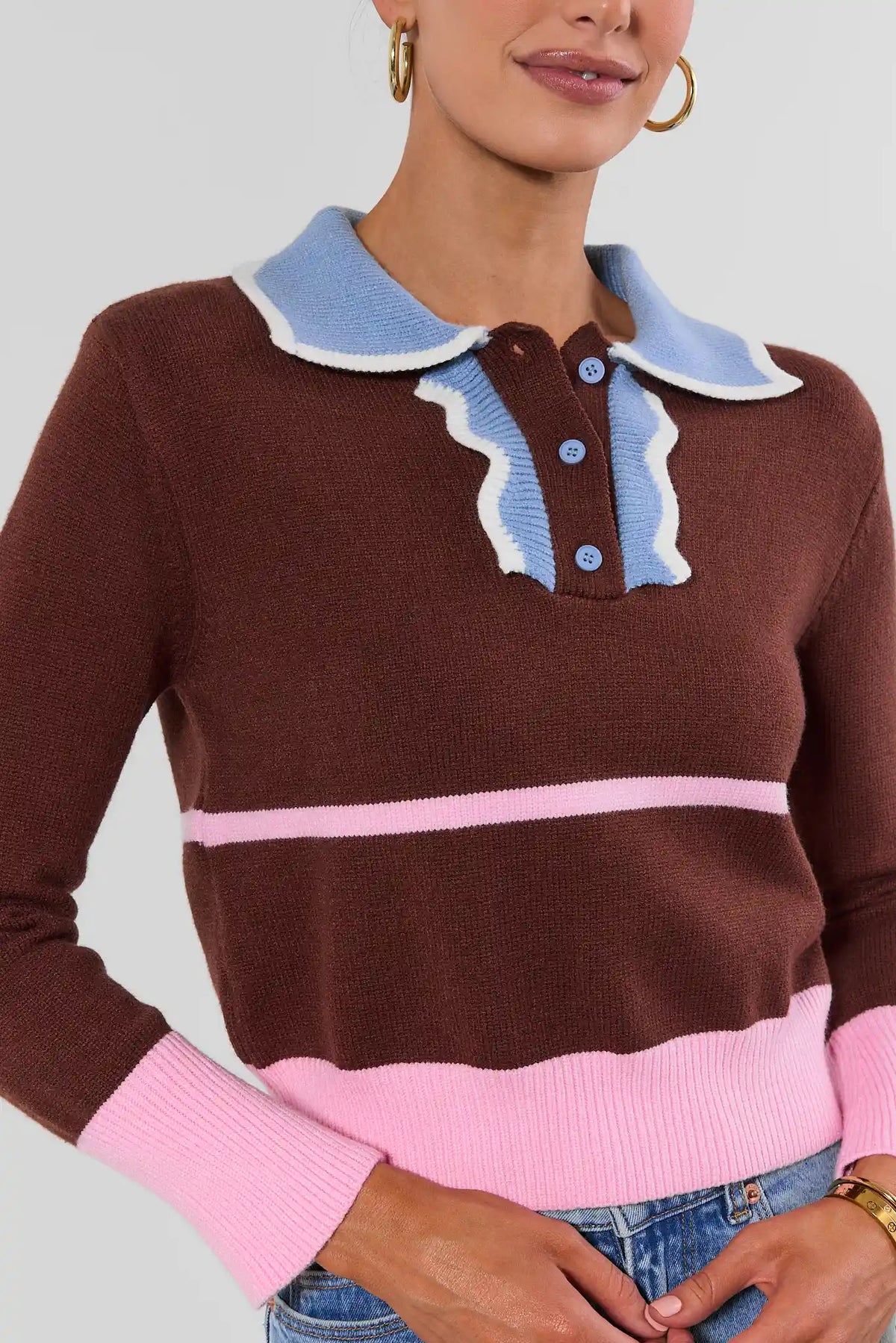 Brown Polo Sweater - Collar and Pink Stripe Detail Close-Up On Model | Avara