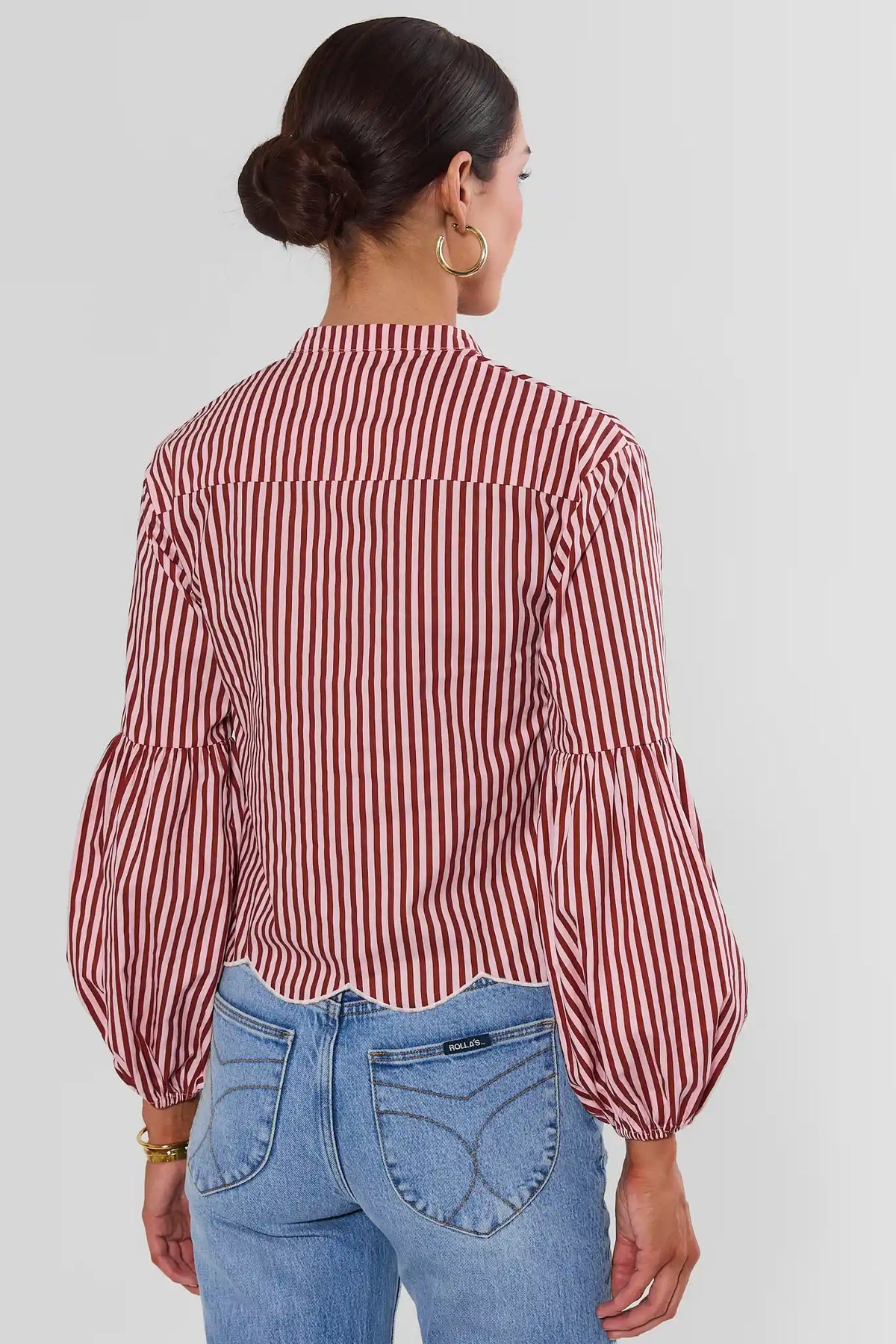 Pink Striped Cotton Balloon Sleeve Top - Back View Showing Scalloped Hem | Avara