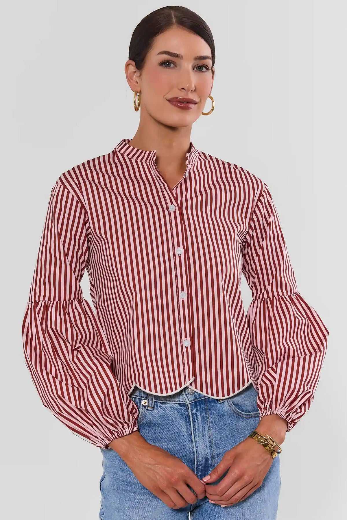 Pink Striped Scalloped Hem Top - Front View On Model with Wide Leg Jeans | Avara