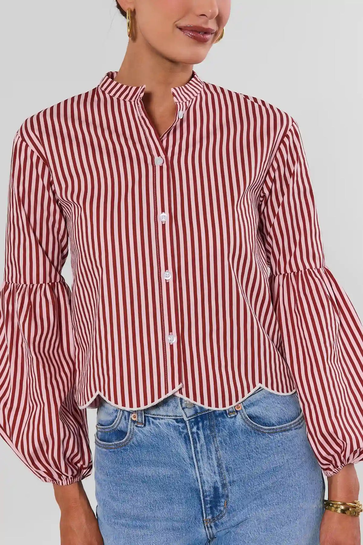 Pink Striped Cotton Top - Close-Up Front View, Scalloped Hem & Balloon Sleeves | Avara