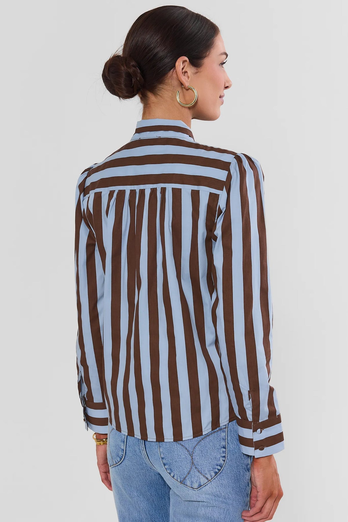 Brown Contrast Stripe Cotton Top - Back View with Long Sleeves | Avara