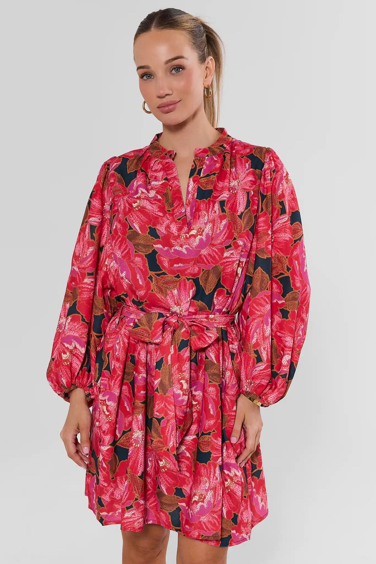 Pink Floral Long Sleeve Short Dress - Front View, On Model | Avara