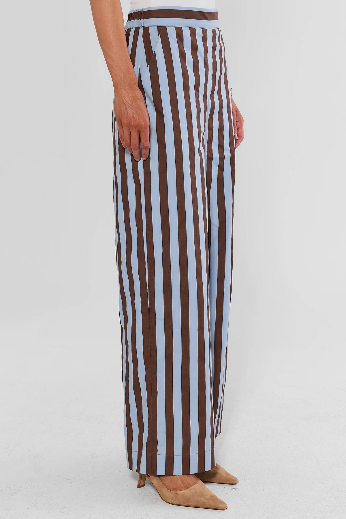 Brown and Blue Stripe Wide Leg Pants - Side Profile View On Model | Avara