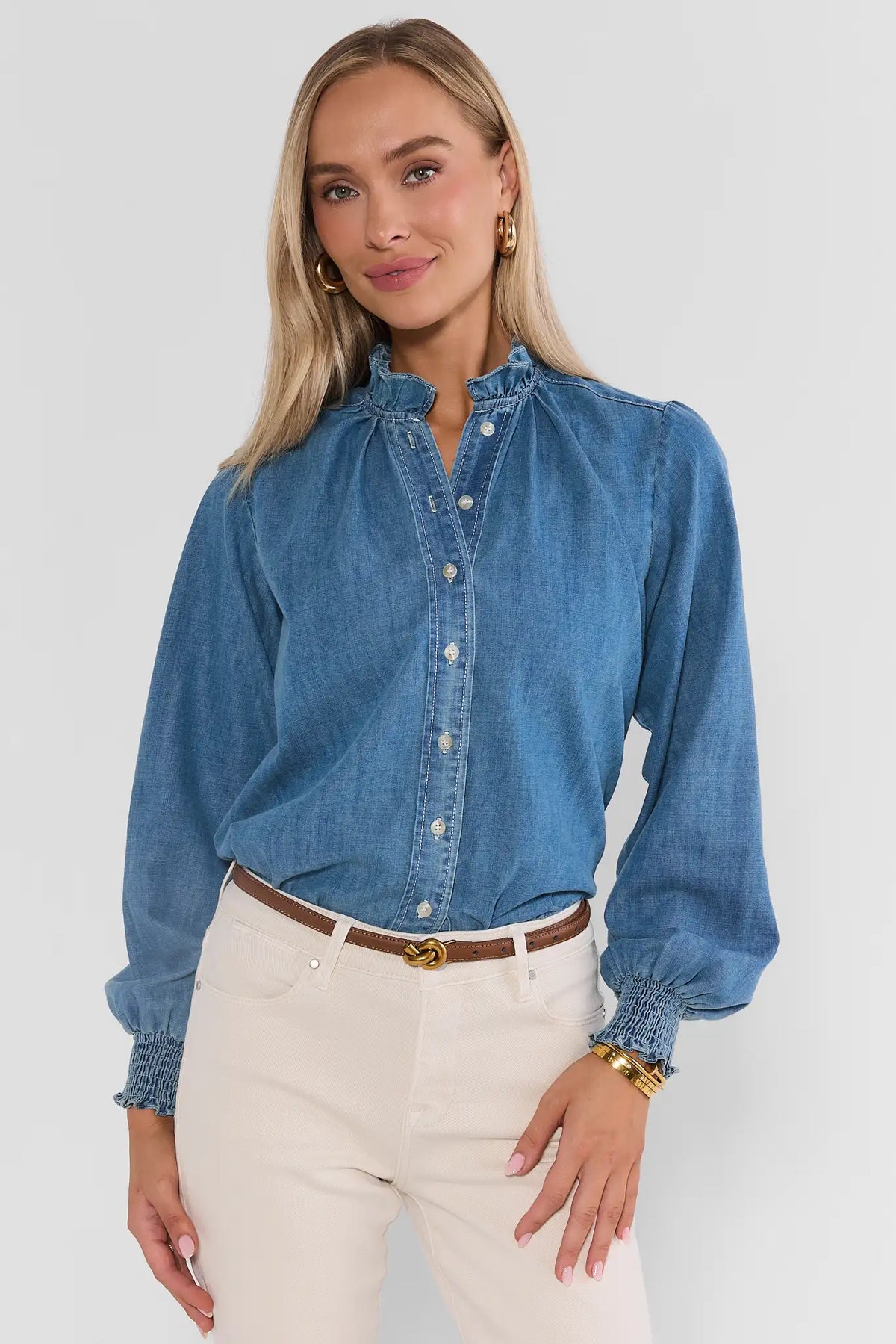 Blue Chambray Ruffle Collar Top - Front View On Model with Cream Jeans | Avara