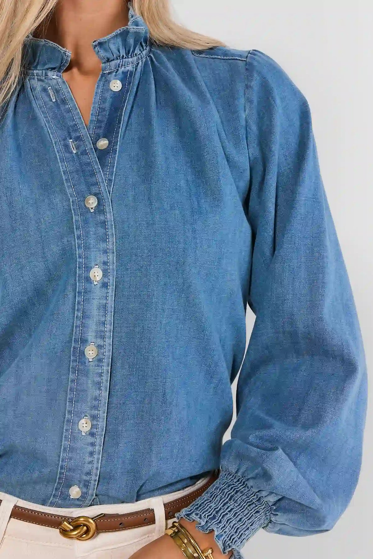Blue Chambray Button-Down Top - Ruffle Collar & Smocked Cuff Detail | Avara