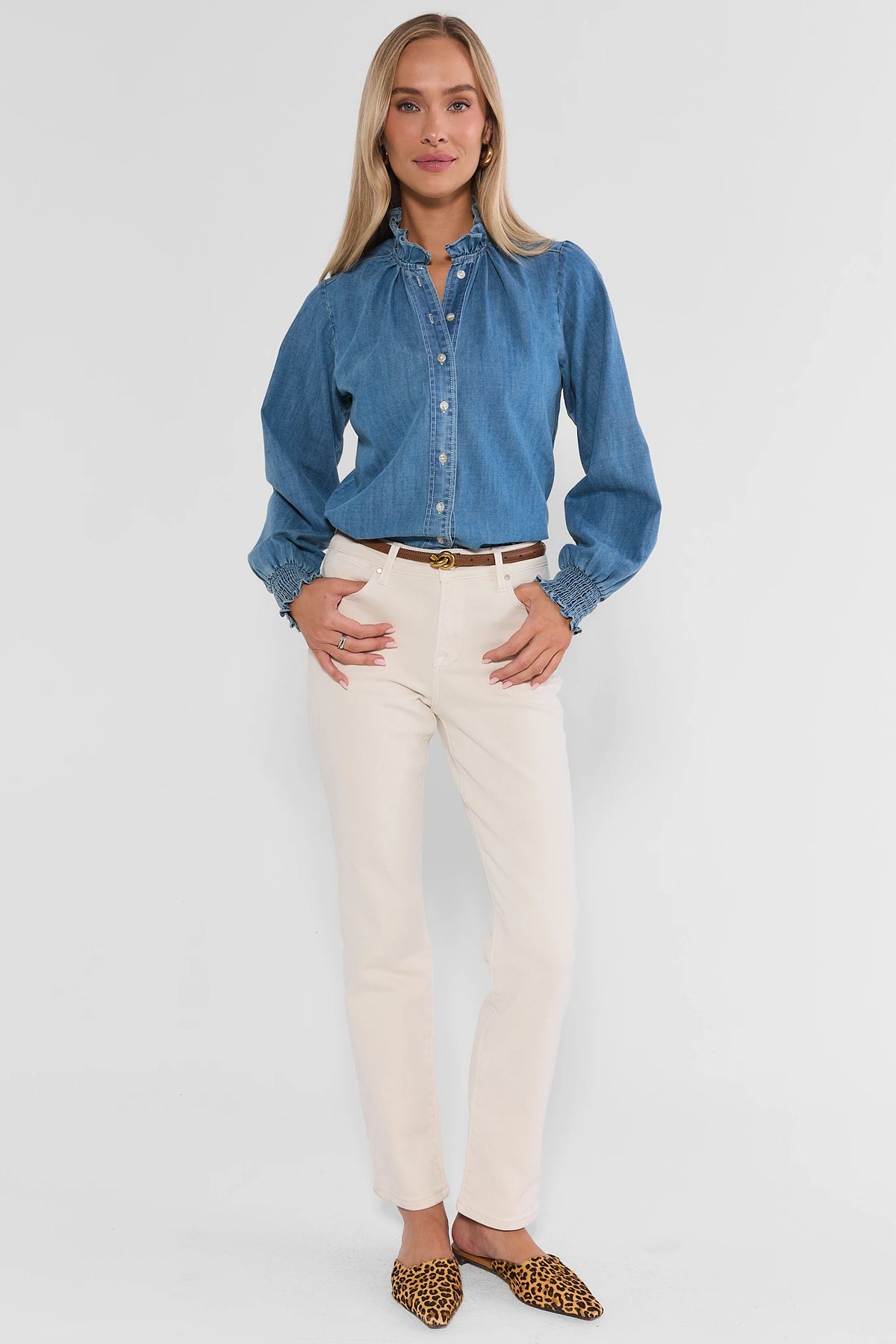 Blue Chambray Ruffle Collar Top - Full Length Front View Styled Look | Avara