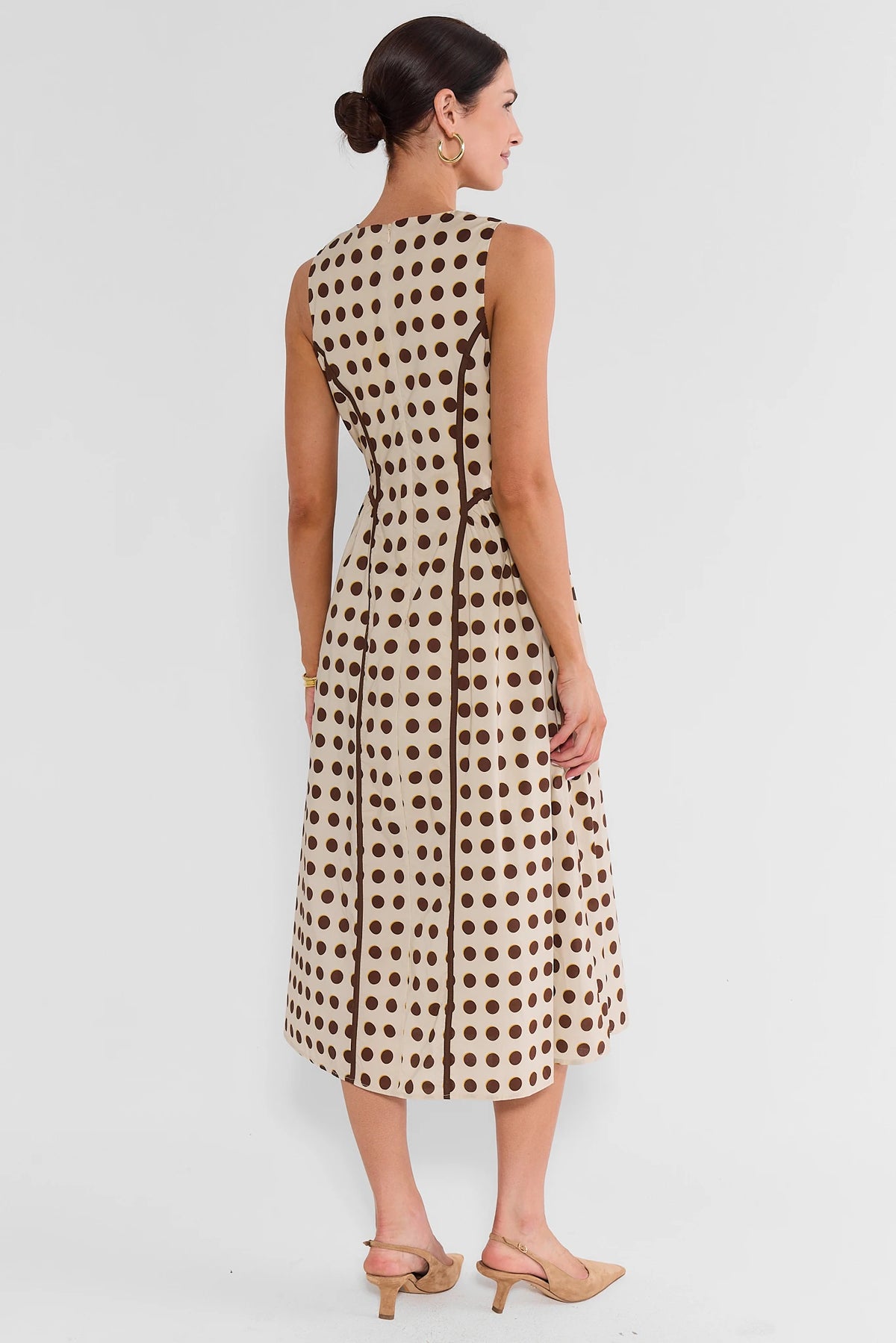 Ivory Polka Dot Cotton Midi Dress - Back View, Sleeveless Fit & Flare | Avara